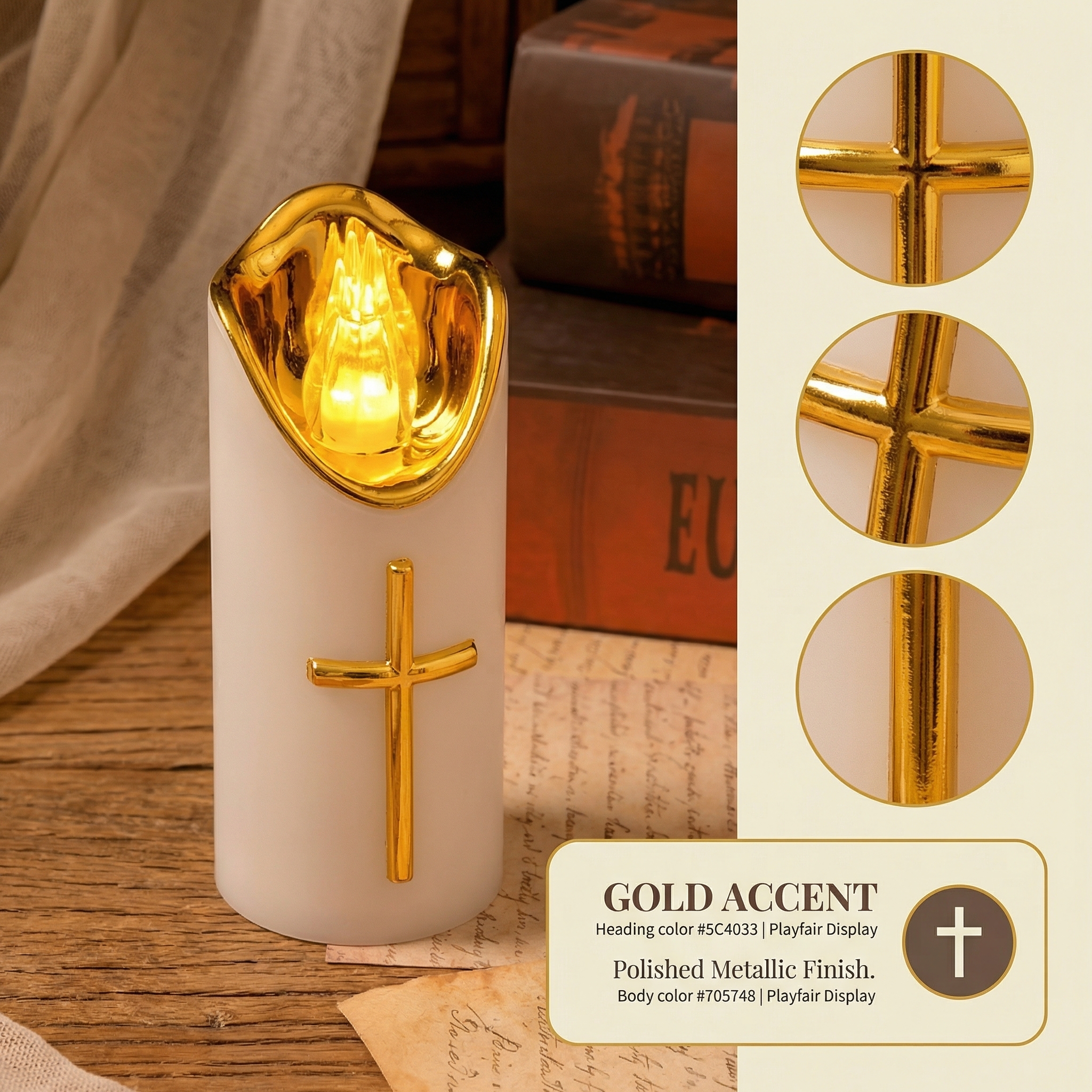 Flameless Pillar LED Candle with Gold Cross