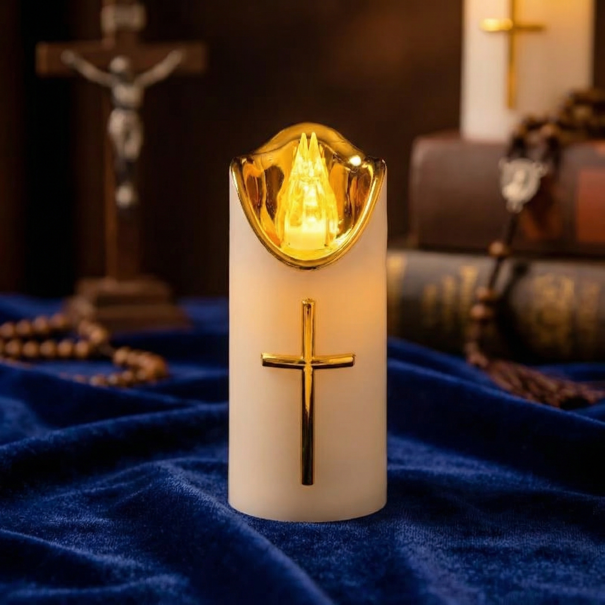 Flameless Pillar LED Candle with Gold Cross