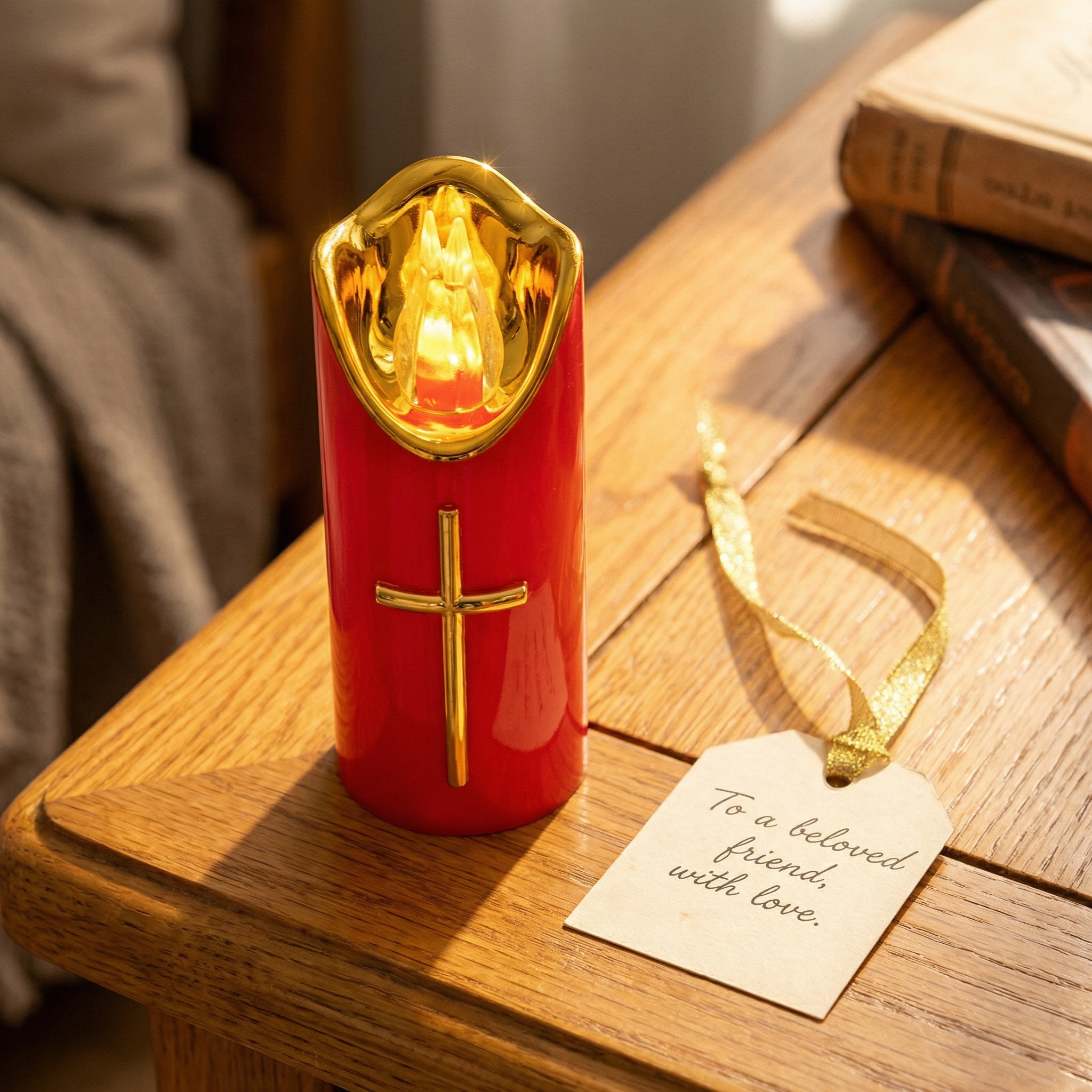 Flameless Pillar LED Candle with Gold Cross