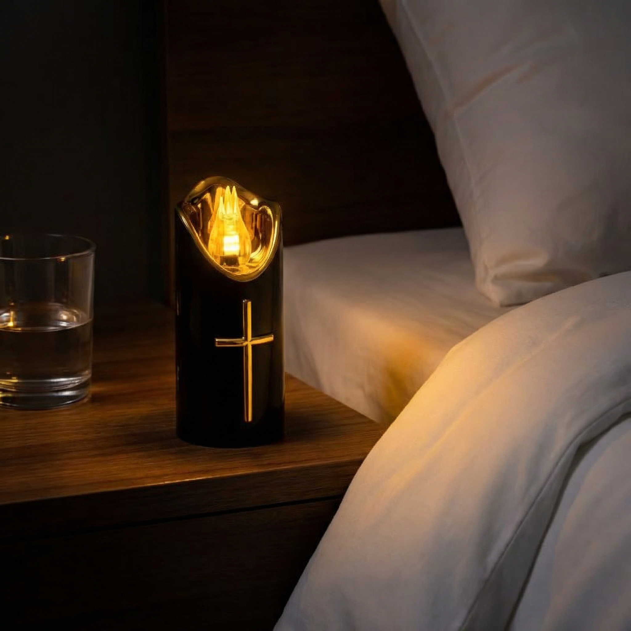 Flameless Pillar LED Candle with Gold Cross