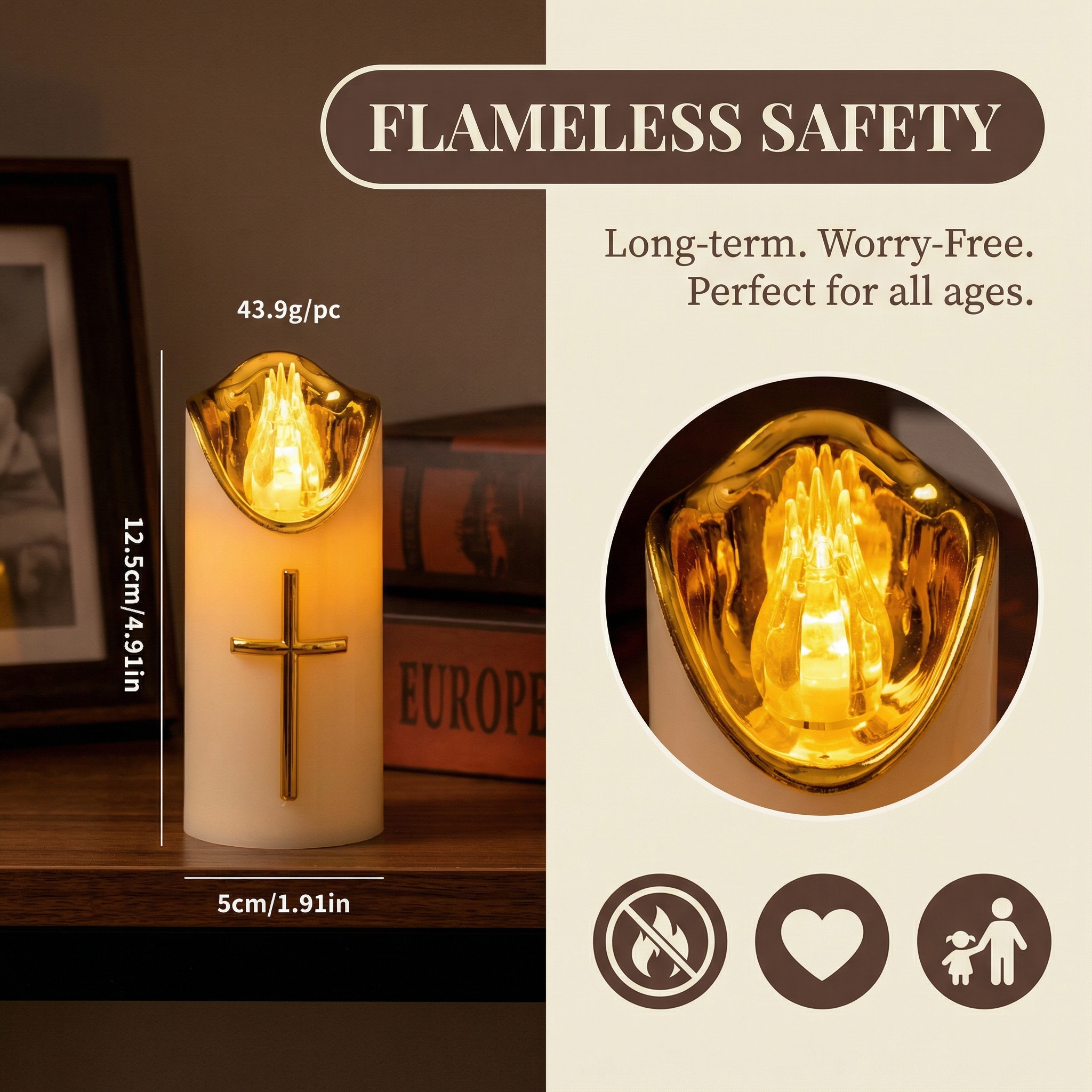 Flameless Pillar LED Candle with Gold Cross