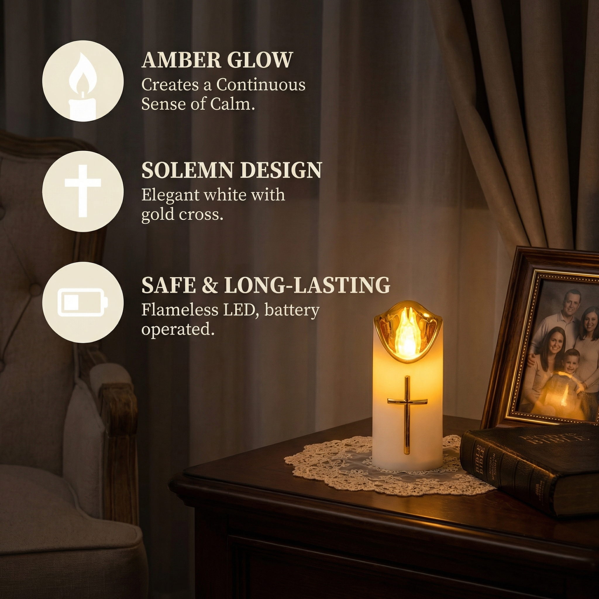 Flameless Pillar LED Candle with Gold Cross