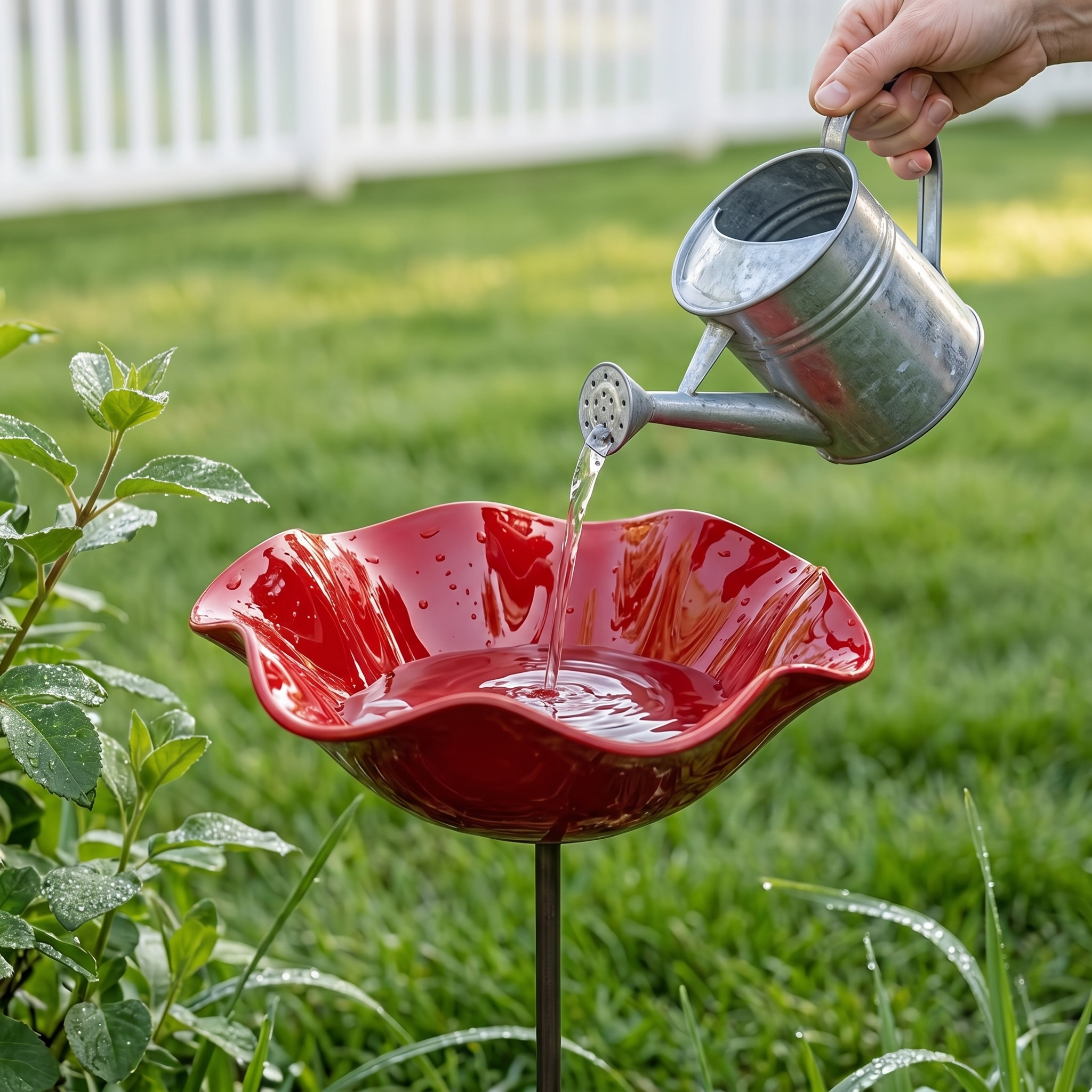 Red Bird Bath Garden Stake