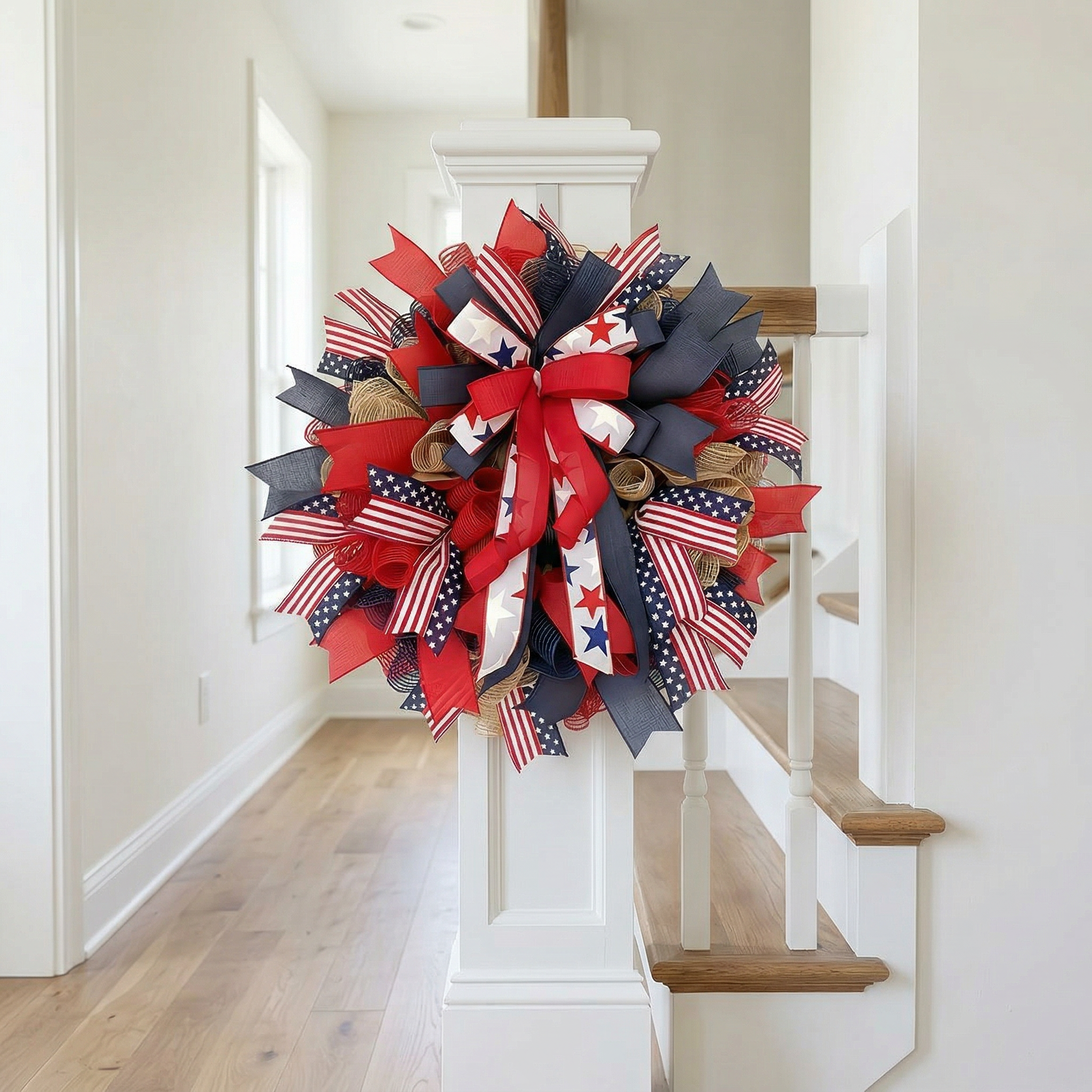 Patriotic Mesh Ribbon Wreath – 17.7" Red, White & Blue Front Door Décor for 4th of July