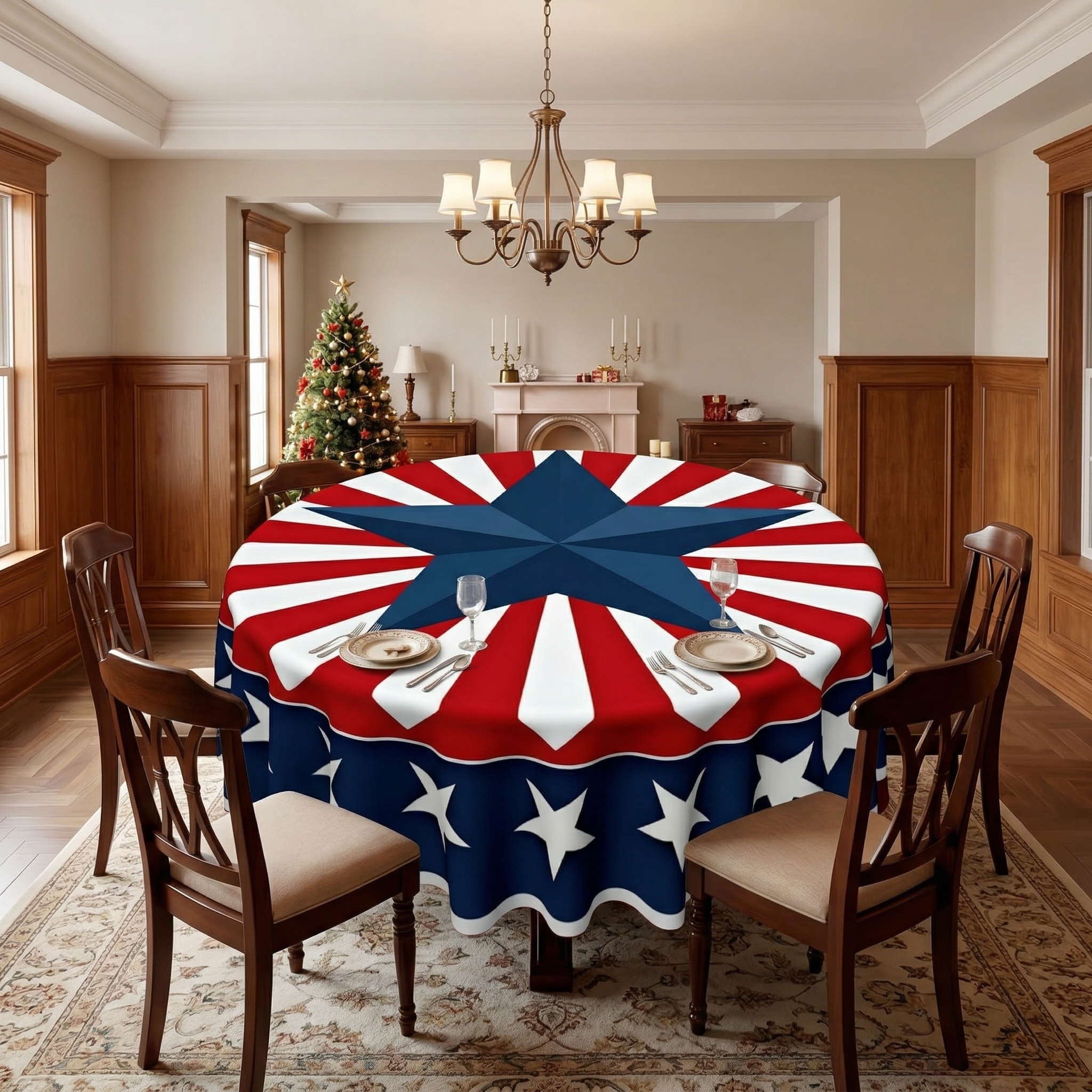 Patriotic Round Tablecloth Red White and Blue Polyester Table Cover