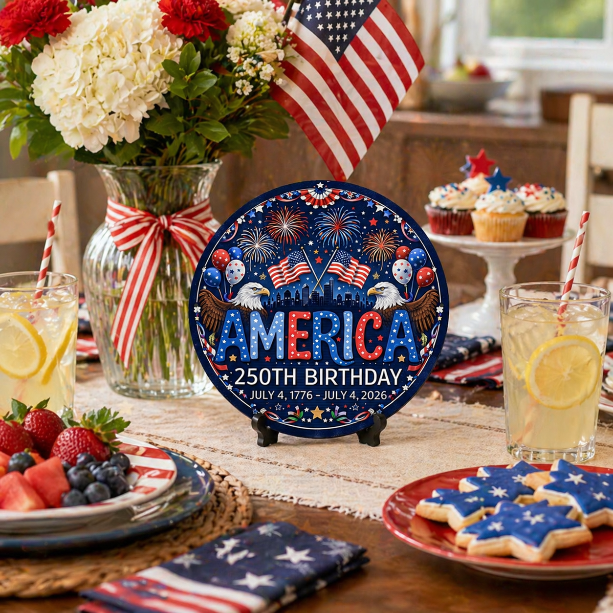 America 250th Birthday Tin Sign – Patriotic 2D Flat Hanging Decor
