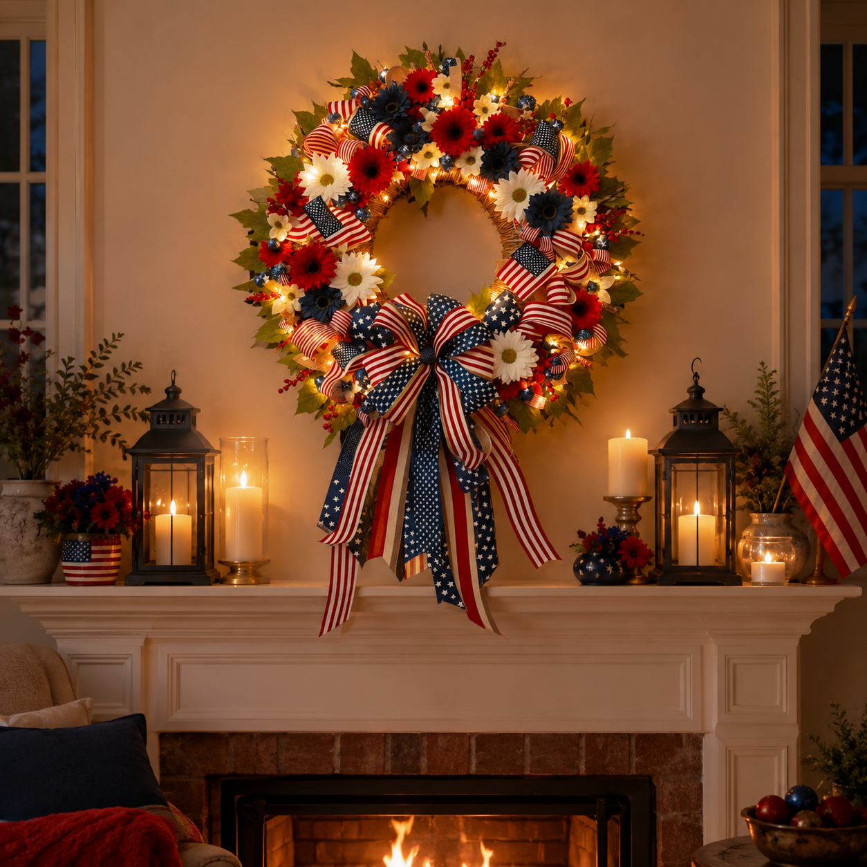 Lighted Patriotic Floral Wreath with Warm White LEDs, 55cm.