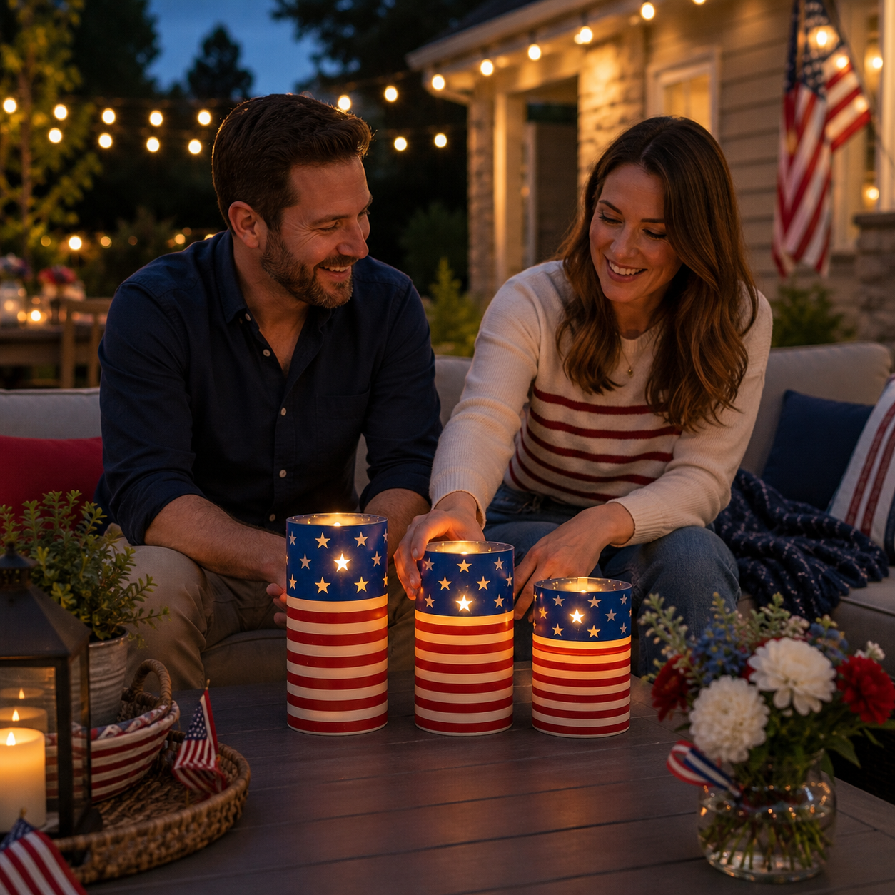 A patriotic-themed flameless LED candle set with remote control.