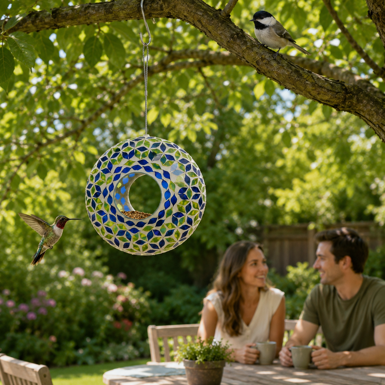 Glass Hanging Bird Feeder with Blue & Green Leaf Pattern