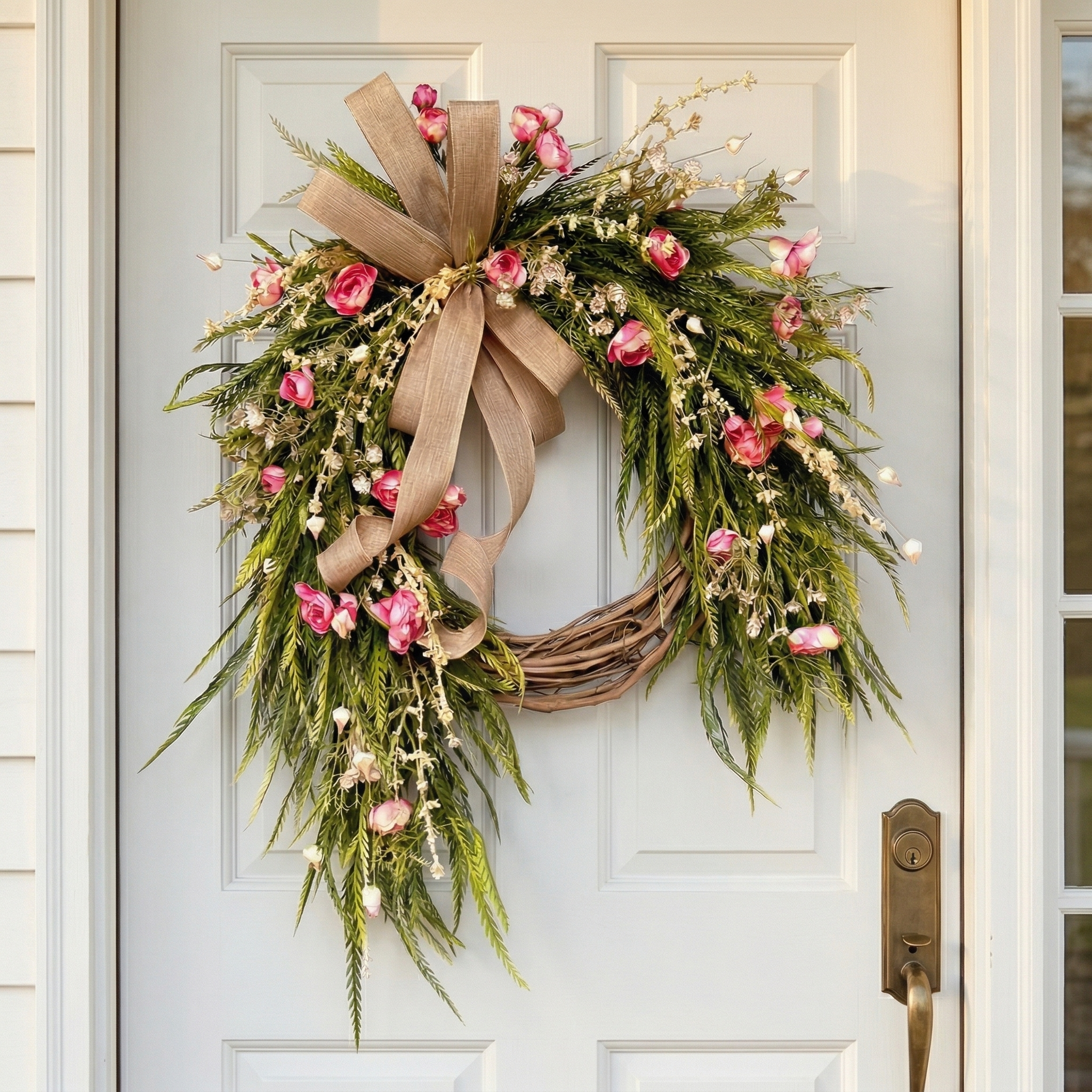 18" Handmade Spring Floral Door Wreath with Pink Blooms and Rustic Bow
