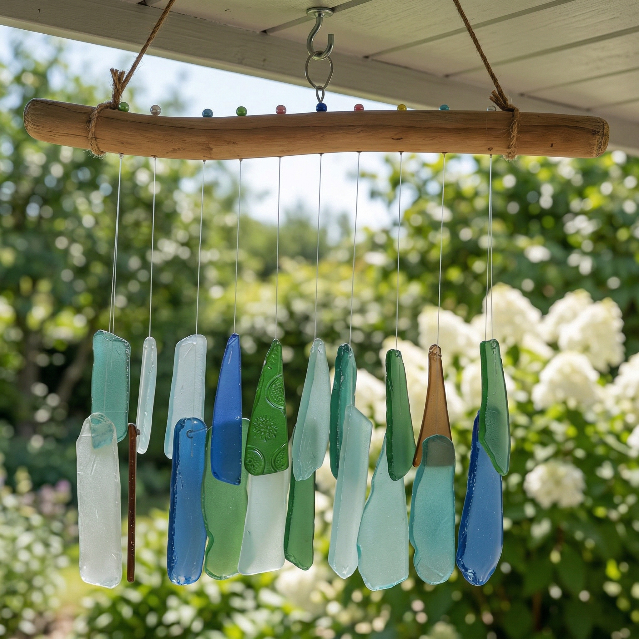 Coastal Sea Glass Driftwood Wind Chime Wall Hanging