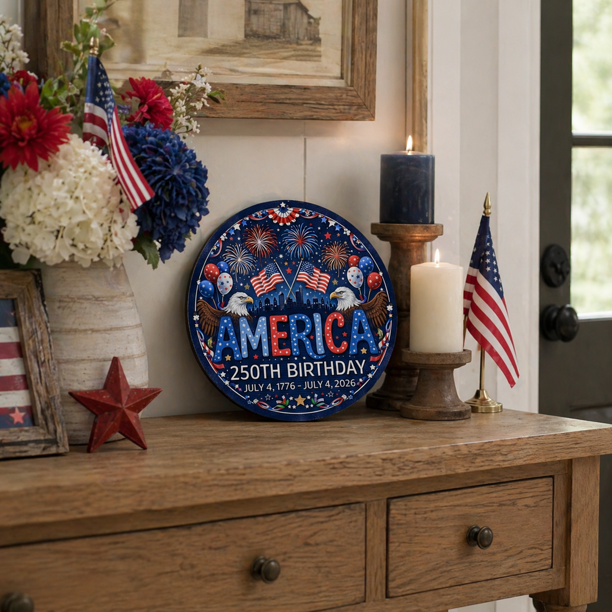 America 250th Birthday Tin Sign – Patriotic 2D Flat Hanging Decor