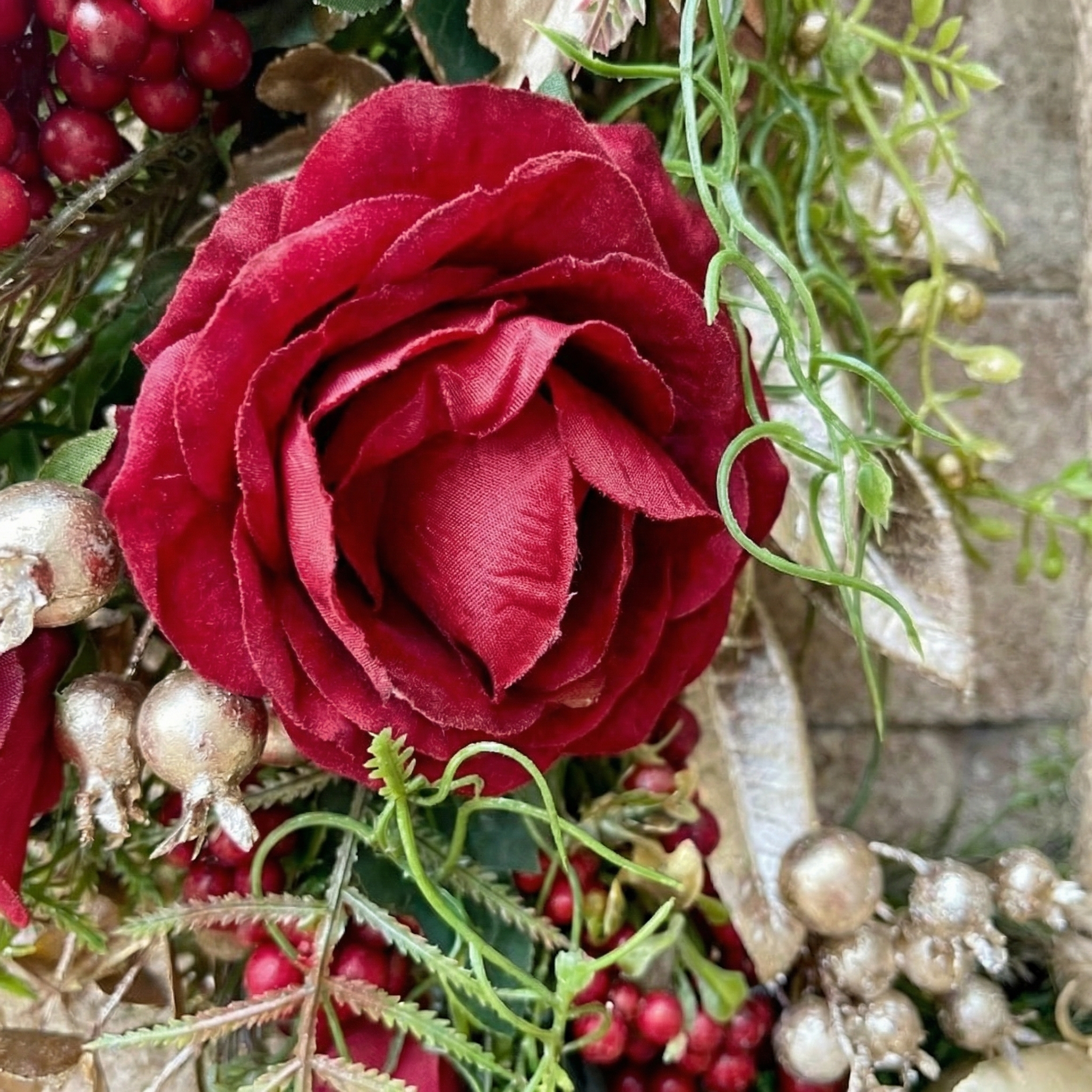 Farmhouse Valentine Heart Wreath with Gold Heart Bells, Red Roses & Berry Greenery (18" x 25")