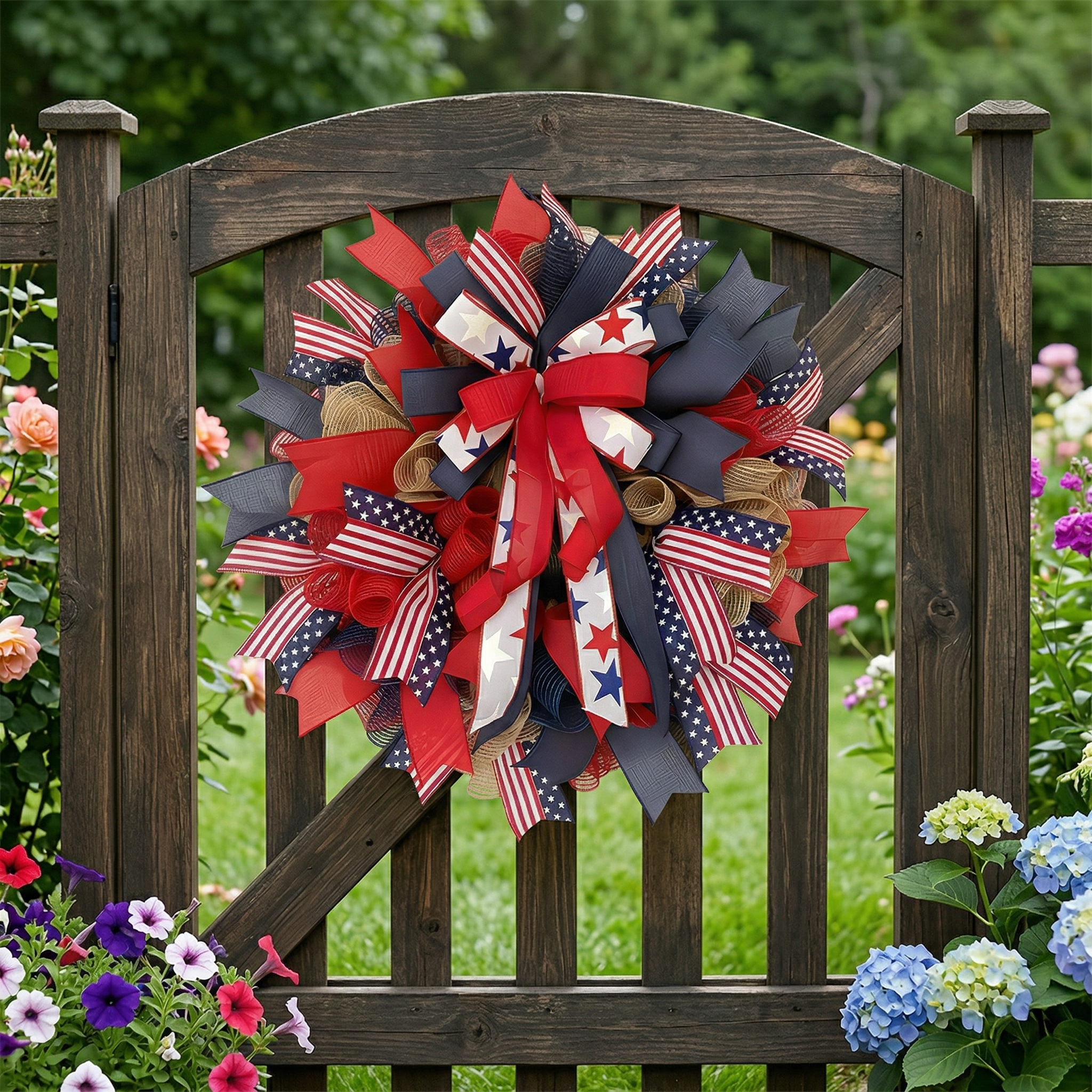 Patriotic Mesh Ribbon Wreath – 17.7" Red, White & Blue Front Door Décor for 4th of July
