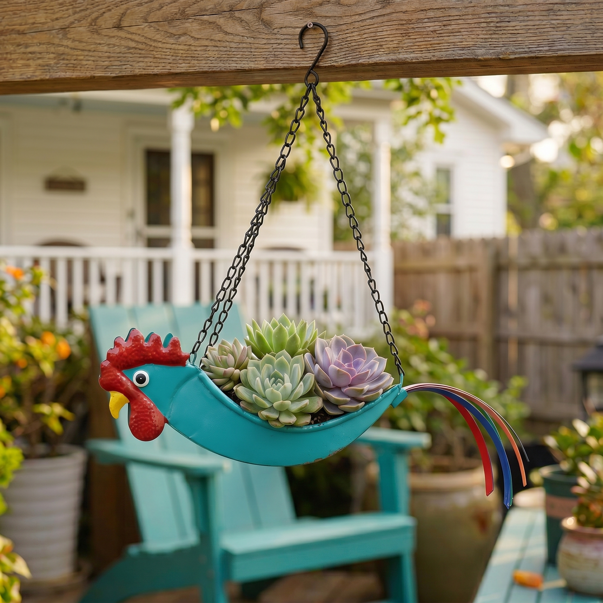 Metal Rooster Hanging Planter for Succulents, Rustic Farmhouse Outdoor Flower Pot Basket