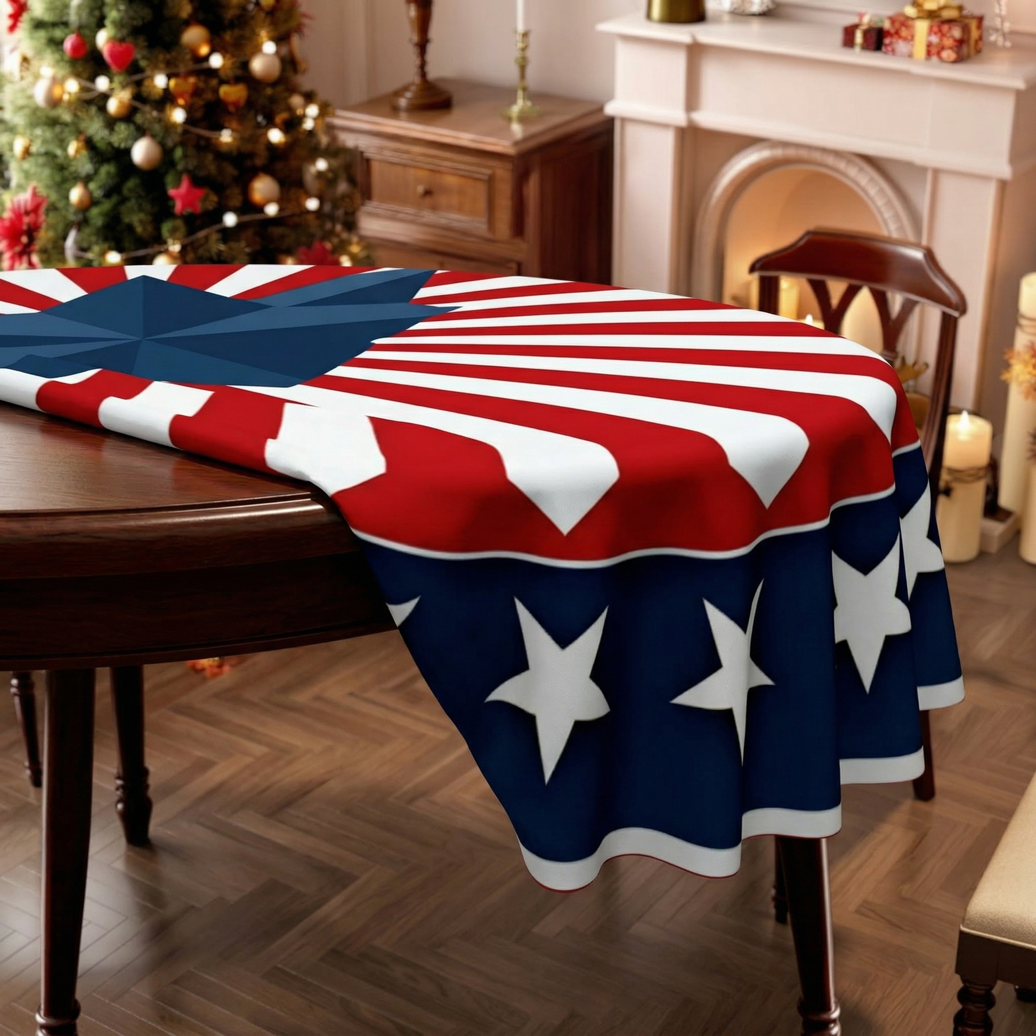 Patriotic Round Tablecloth Red White and Blue Polyester Table Cover