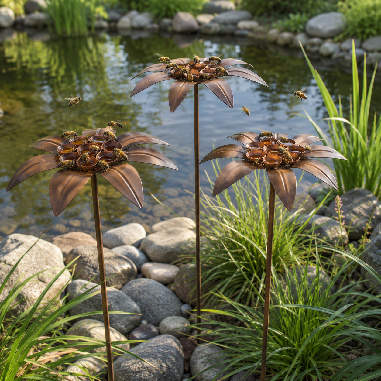 Rustic Metal Flower Garden Stake & Pollinator Feeder