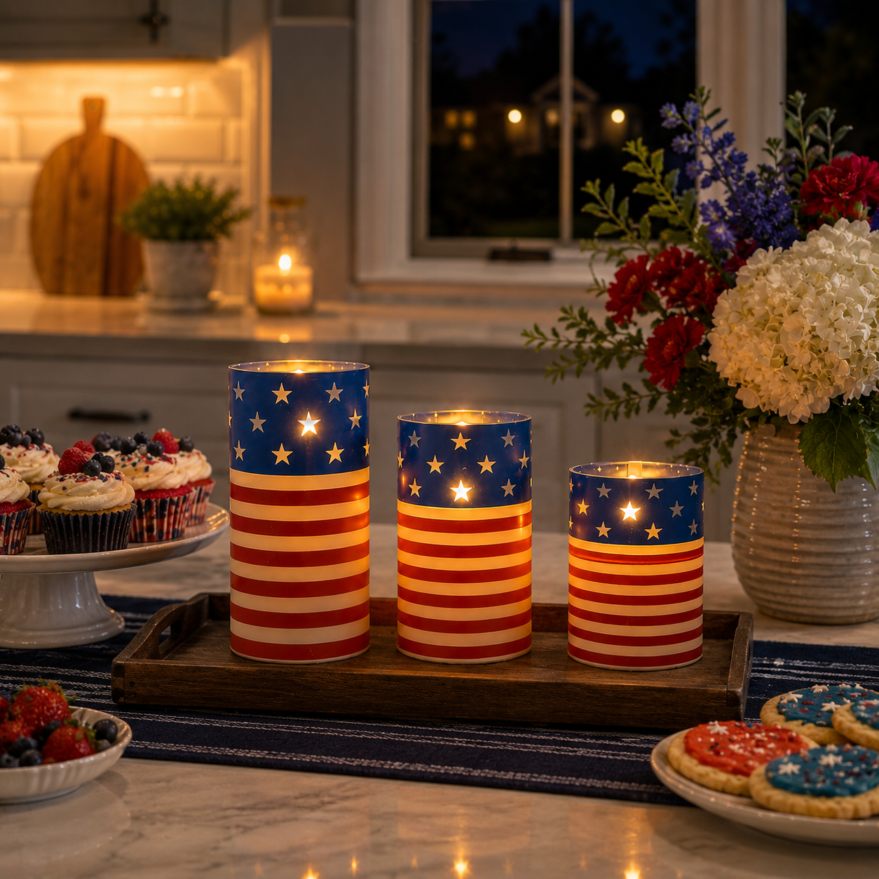 A patriotic-themed flameless LED candle set with remote control.