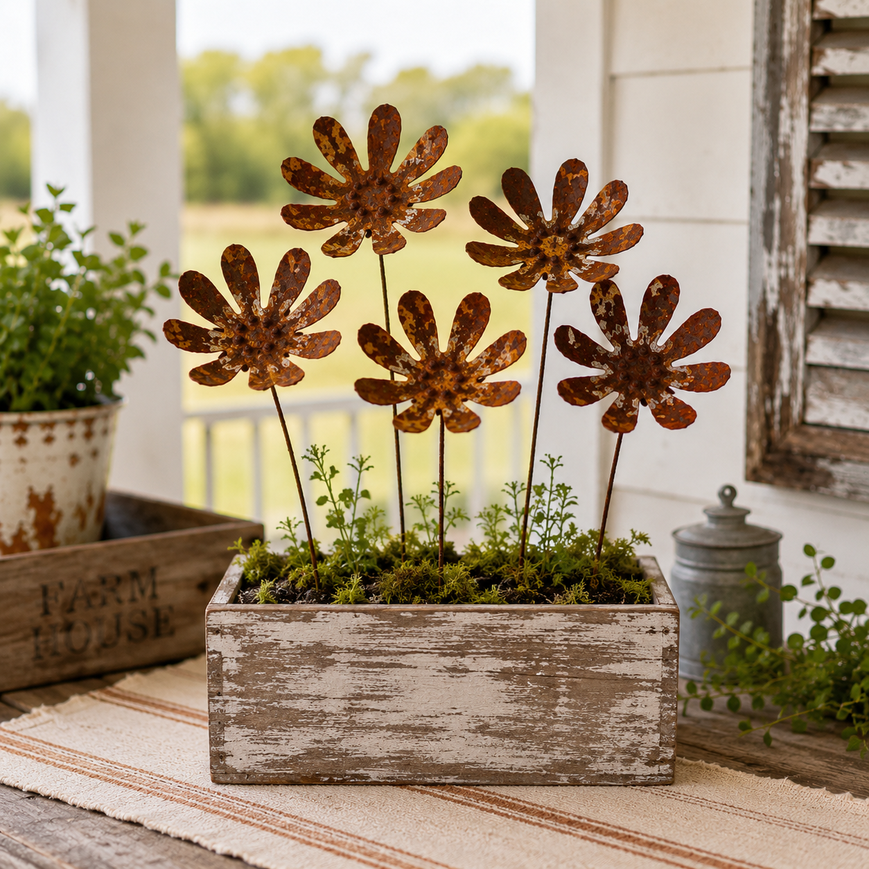 Rustic Daisy Metal Garden Stake Set – 6-Piece Iron Flower Outdoor Decor