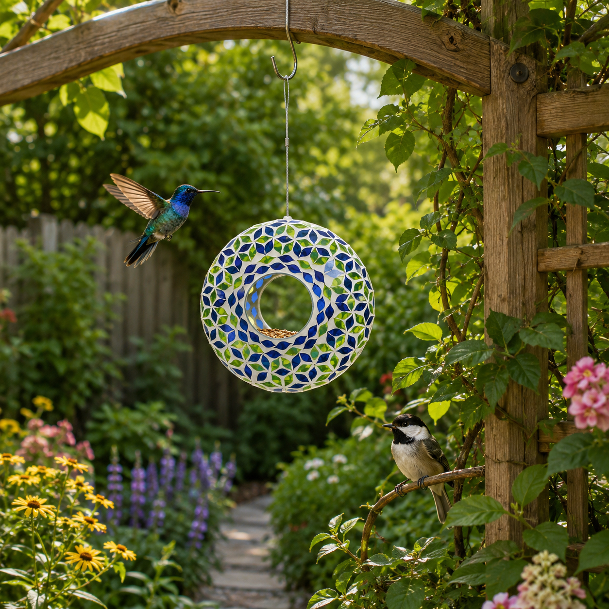 Glass Hanging Bird Feeder with Blue & Green Leaf Pattern