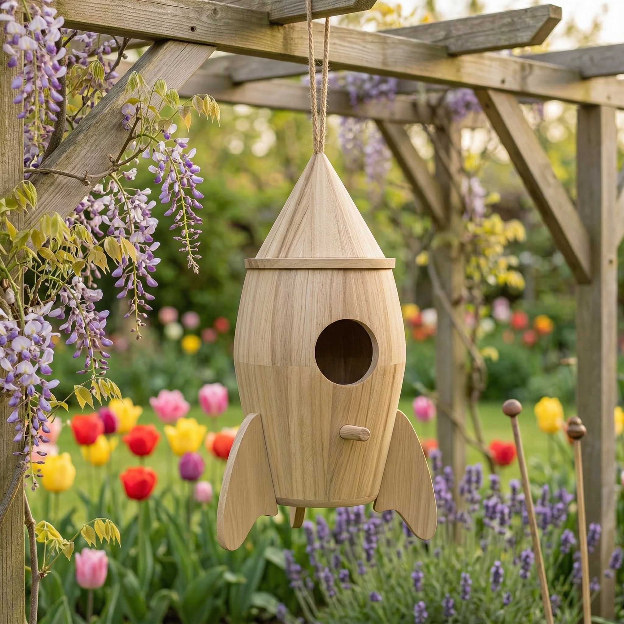 Rocket-Shaped Wooden Birdhouse for DIY Painting – Hanging Outdoor Garden Bird House Decor