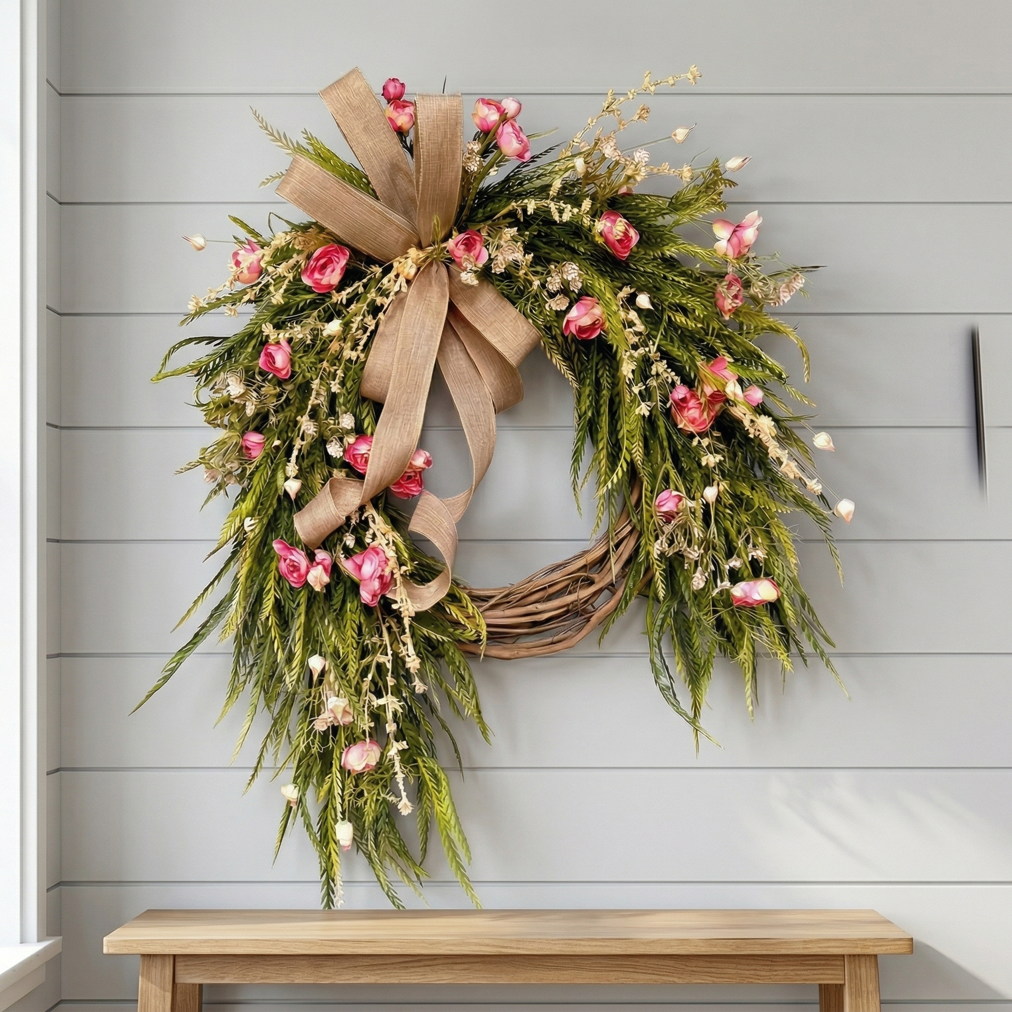 18" Handmade Spring Floral Door Wreath with Pink Blooms and Rustic Bow
