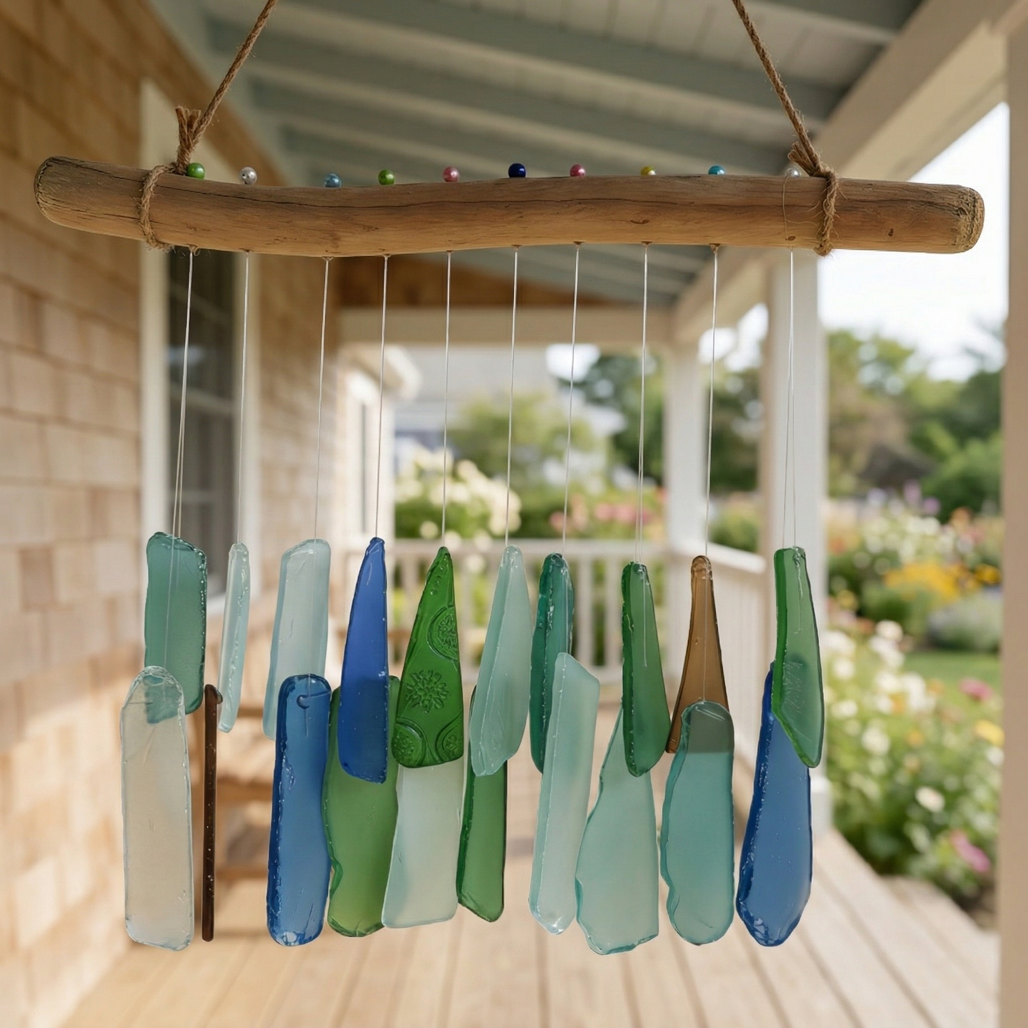 Coastal Sea Glass Driftwood Wind Chime Wall Hanging