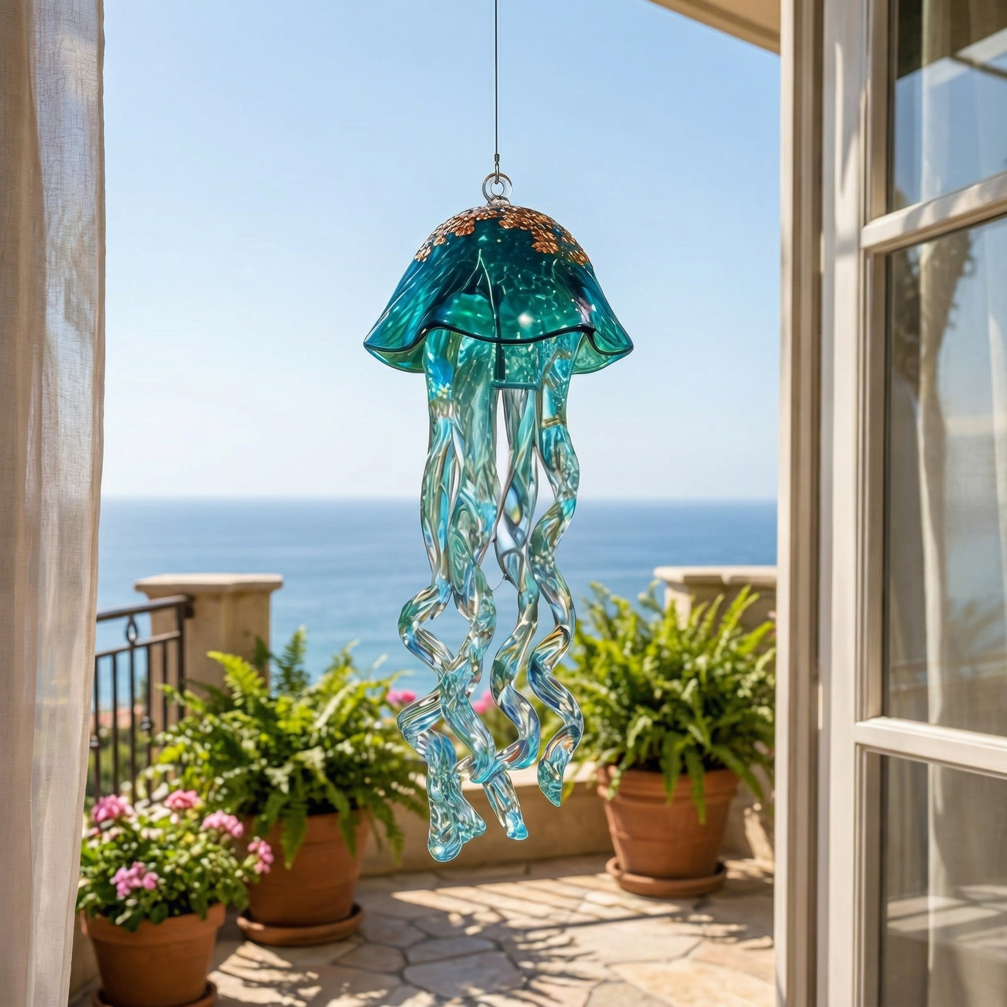 Glass Jellyfish Hanging Ornament – Ocean-Inspired Patio, Balcony & Garden Décor