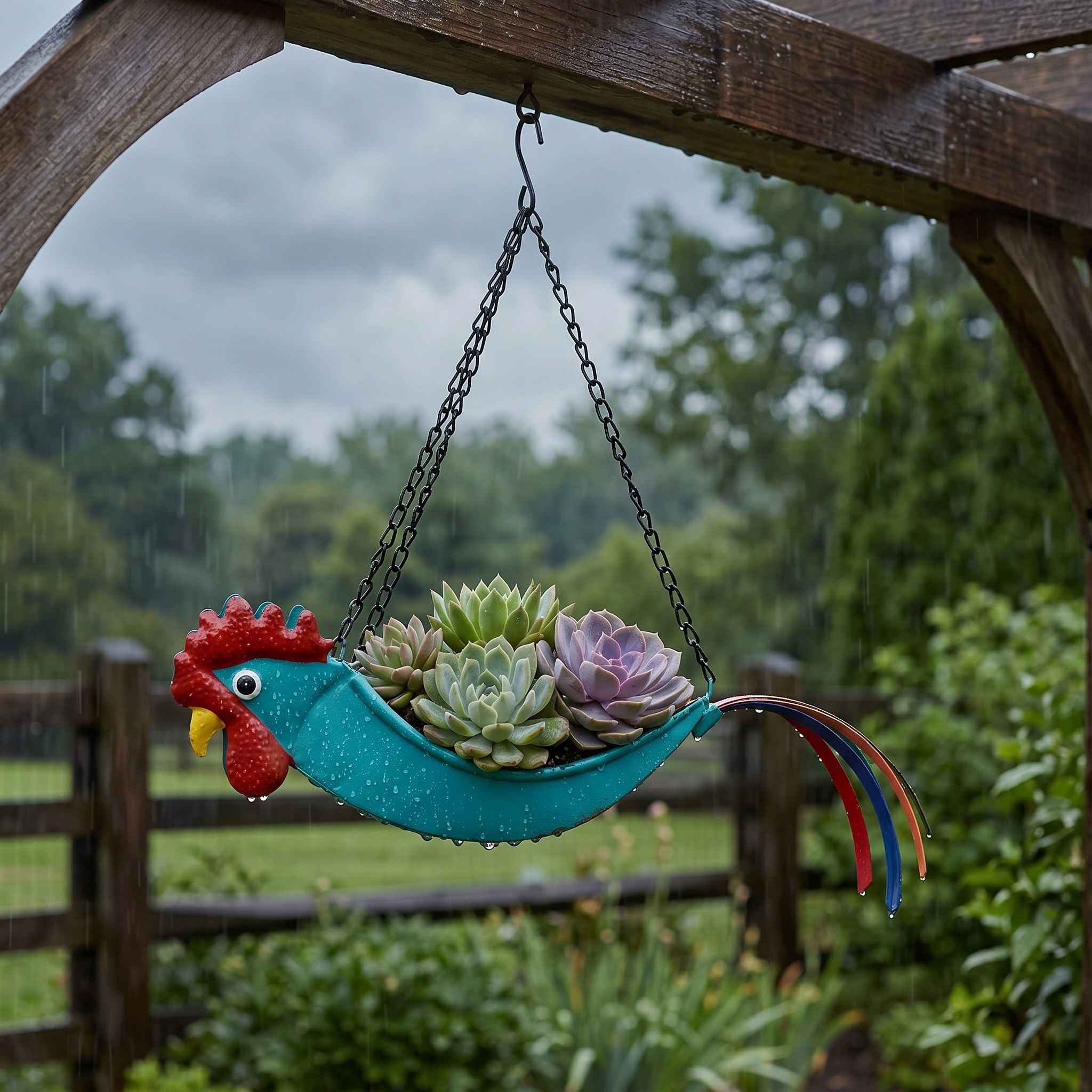 Metal Rooster Hanging Planter for Succulents, Rustic Farmhouse Outdoor Flower Pot Basket