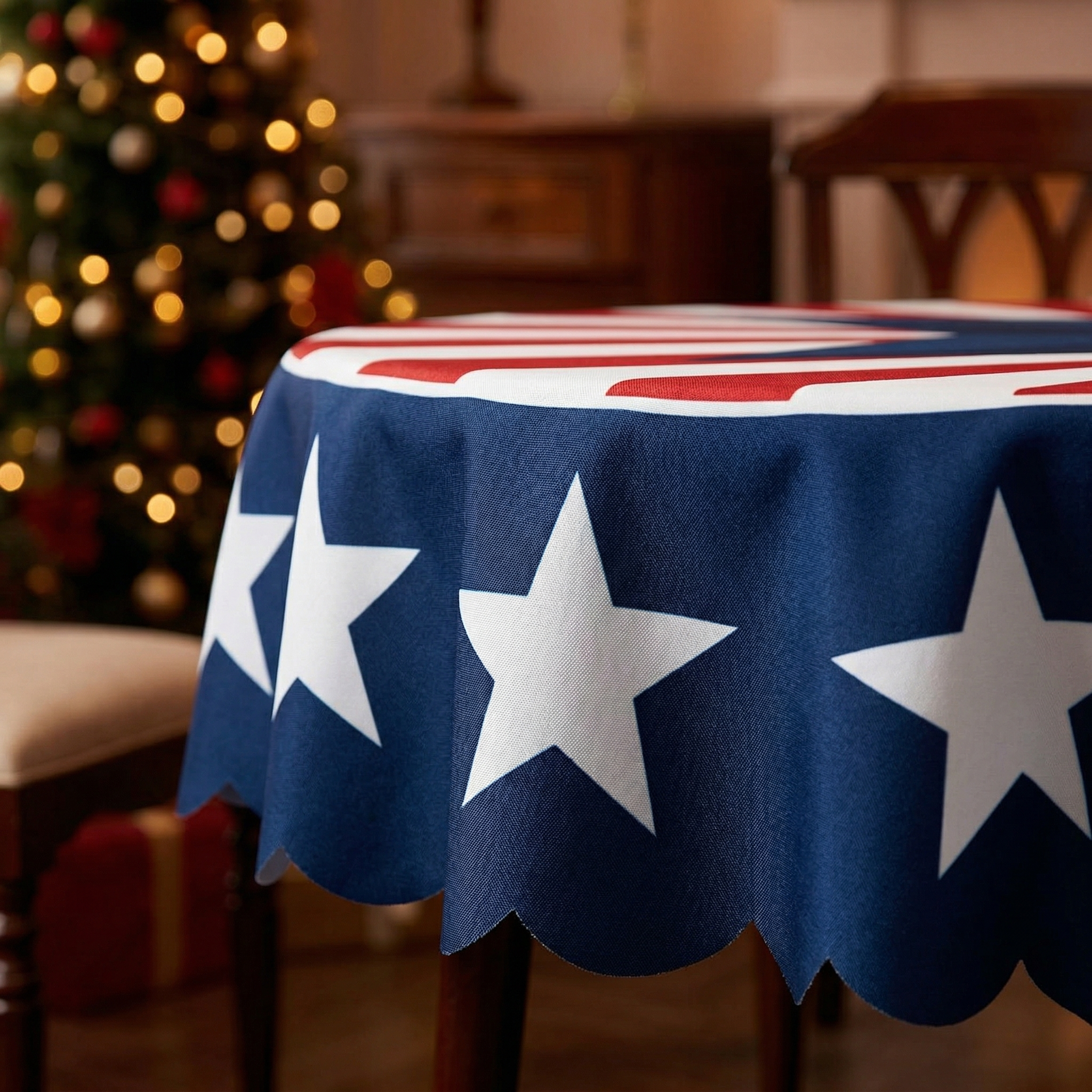 Patriotic Round Tablecloth Red White and Blue Polyester Table Cover