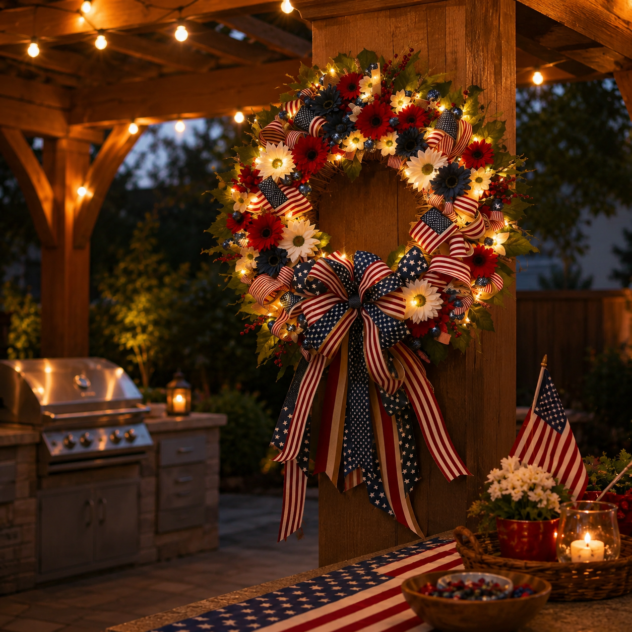 Lighted Patriotic Floral Wreath with Warm White LEDs, 55cm.