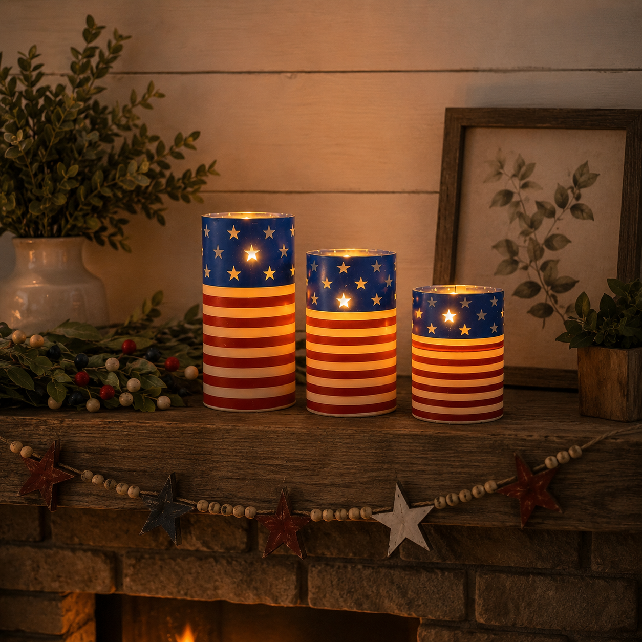 A patriotic-themed flameless LED candle set with remote control.
