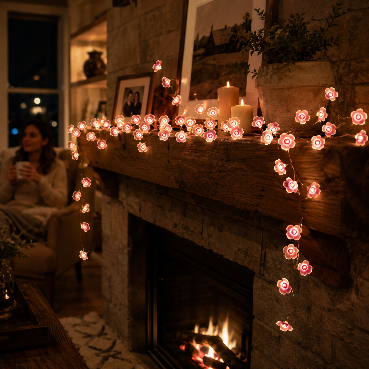 Pink Flower LED Copper Wire String Lights – Battery Powered Floral Fairy Lights