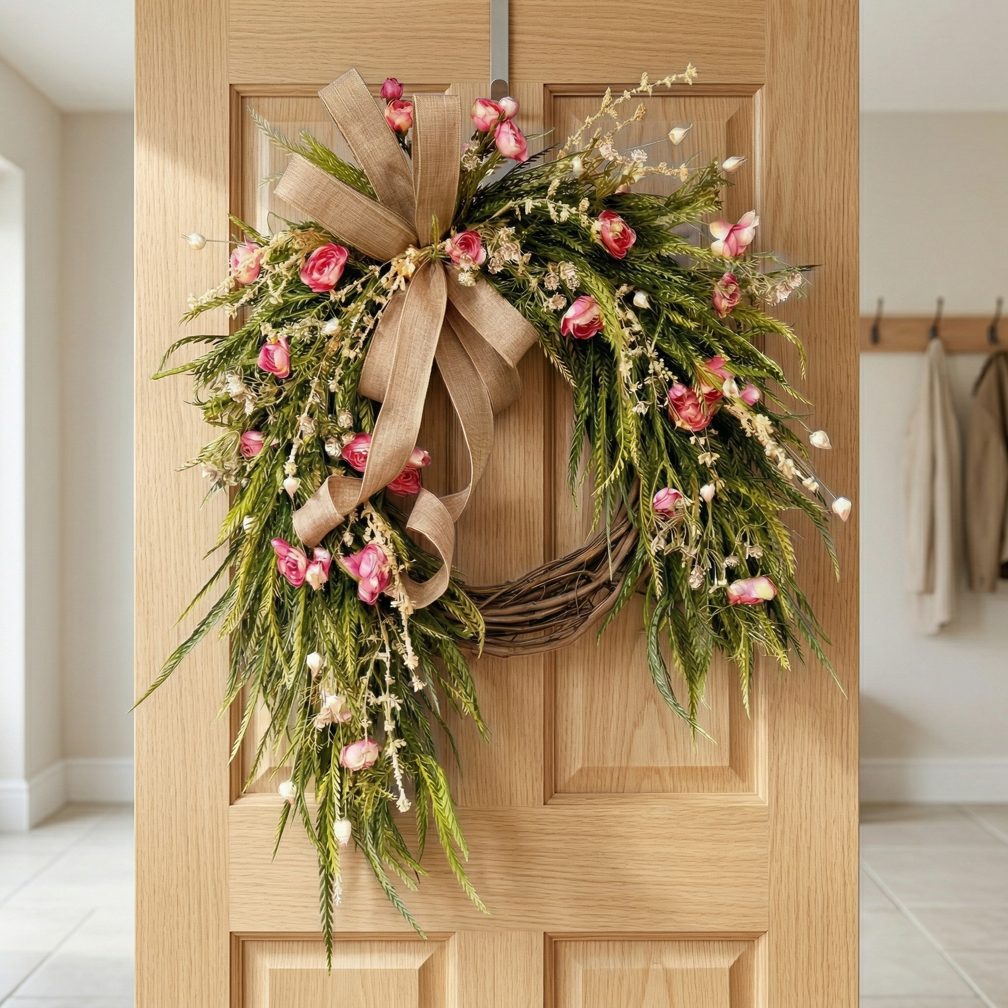 18" Handmade Spring Floral Door Wreath with Pink Blooms and Rustic Bow