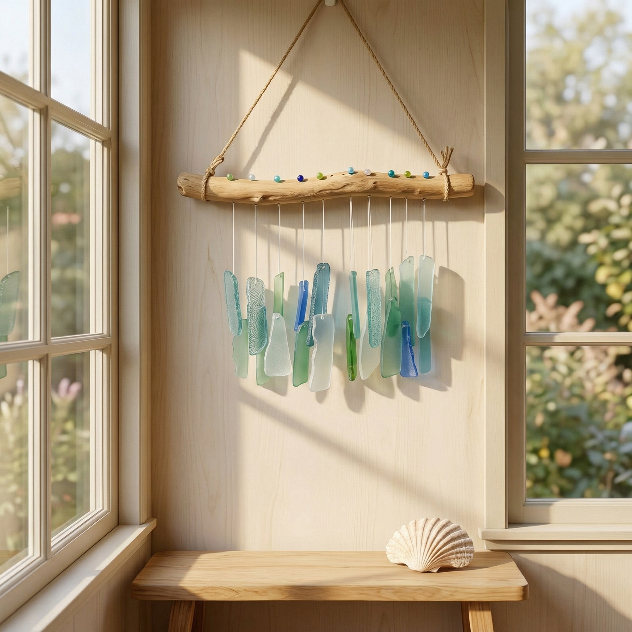 Coastal Sea Glass Driftwood Wind Chime Wall Hanging