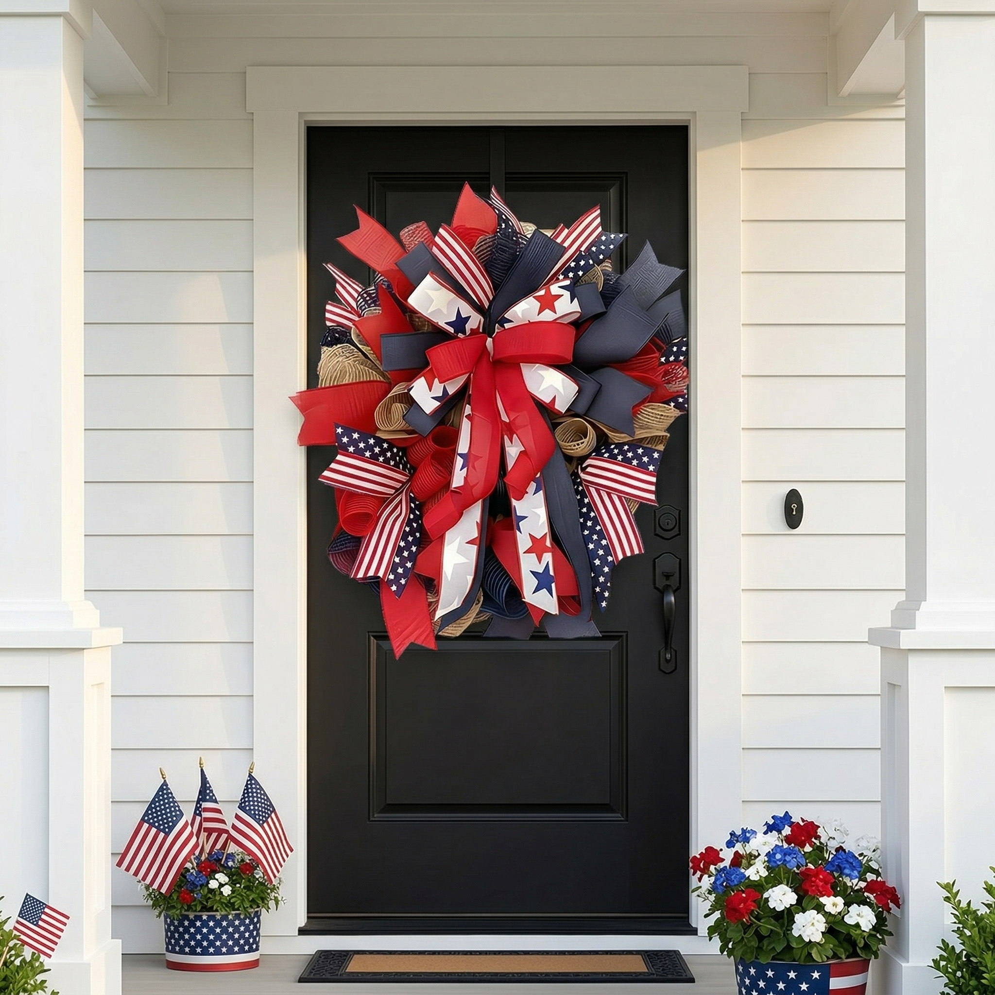 Patriotic Mesh Ribbon Wreath – 17.7" Red, White & Blue Front Door Décor for 4th of July