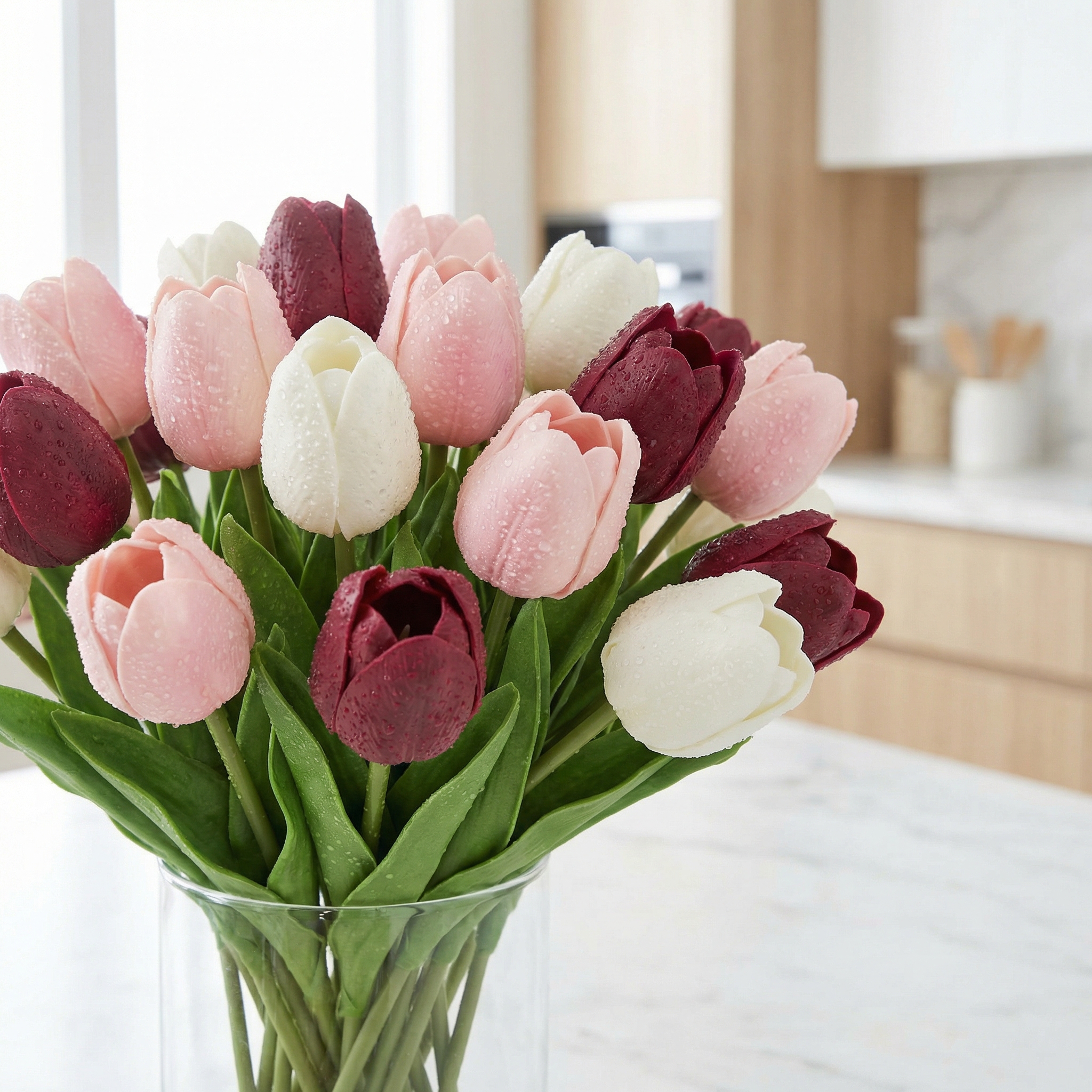 Real Touch Latex Tulip Bouquet (15pcs) – 3 Bunches Faux Tulips for Spring Home & Wedding Decor