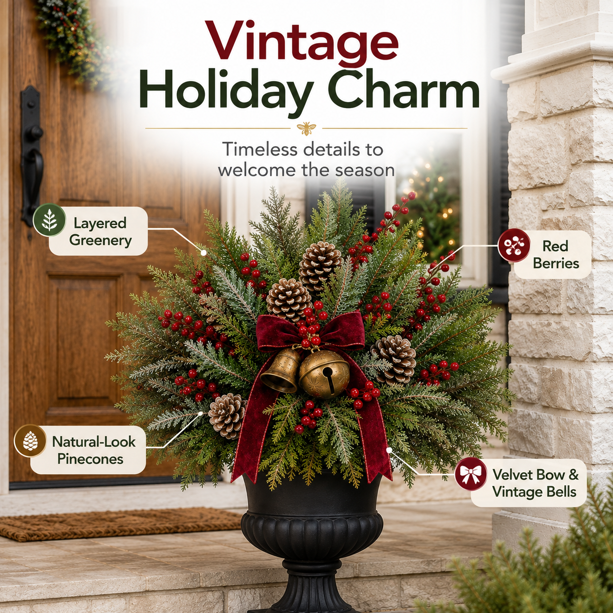 24-Inch Pre-Lit Christmas Urn Filler with Red Berries, Pinecones & Vintage Bells