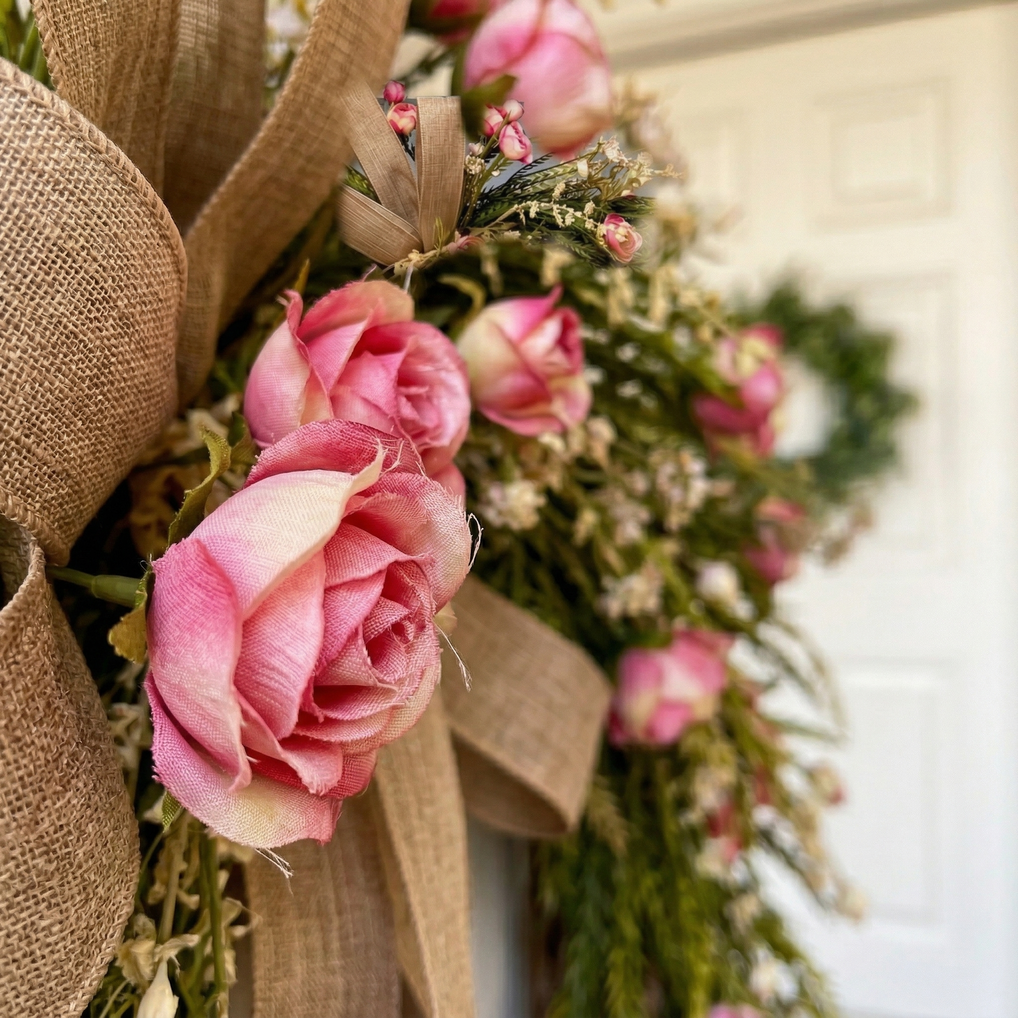 18" Handmade Spring Floral Door Wreath with Pink Blooms and Rustic Bow