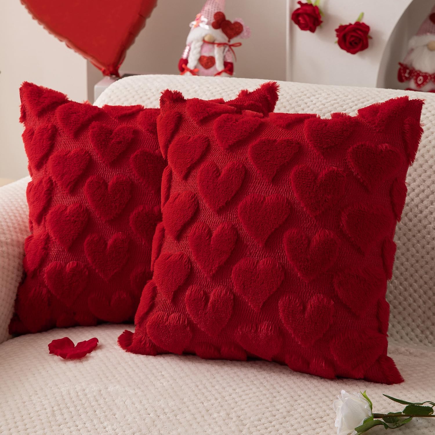 Valentine’s Day Plush Heart Jacquard Pillow Covers (18 x 18 Inch)