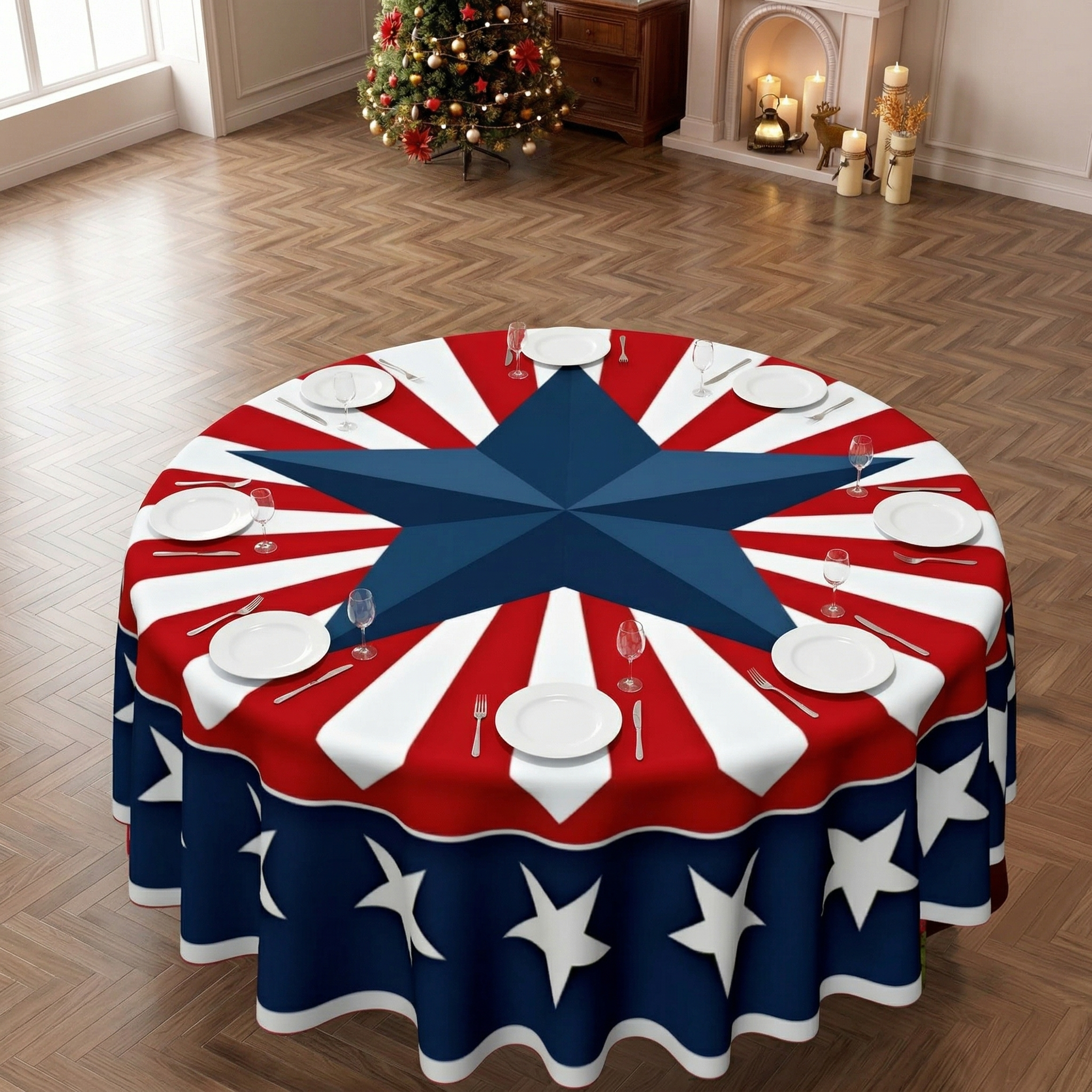 Patriotic Round Tablecloth Red White and Blue Polyester Table Cover