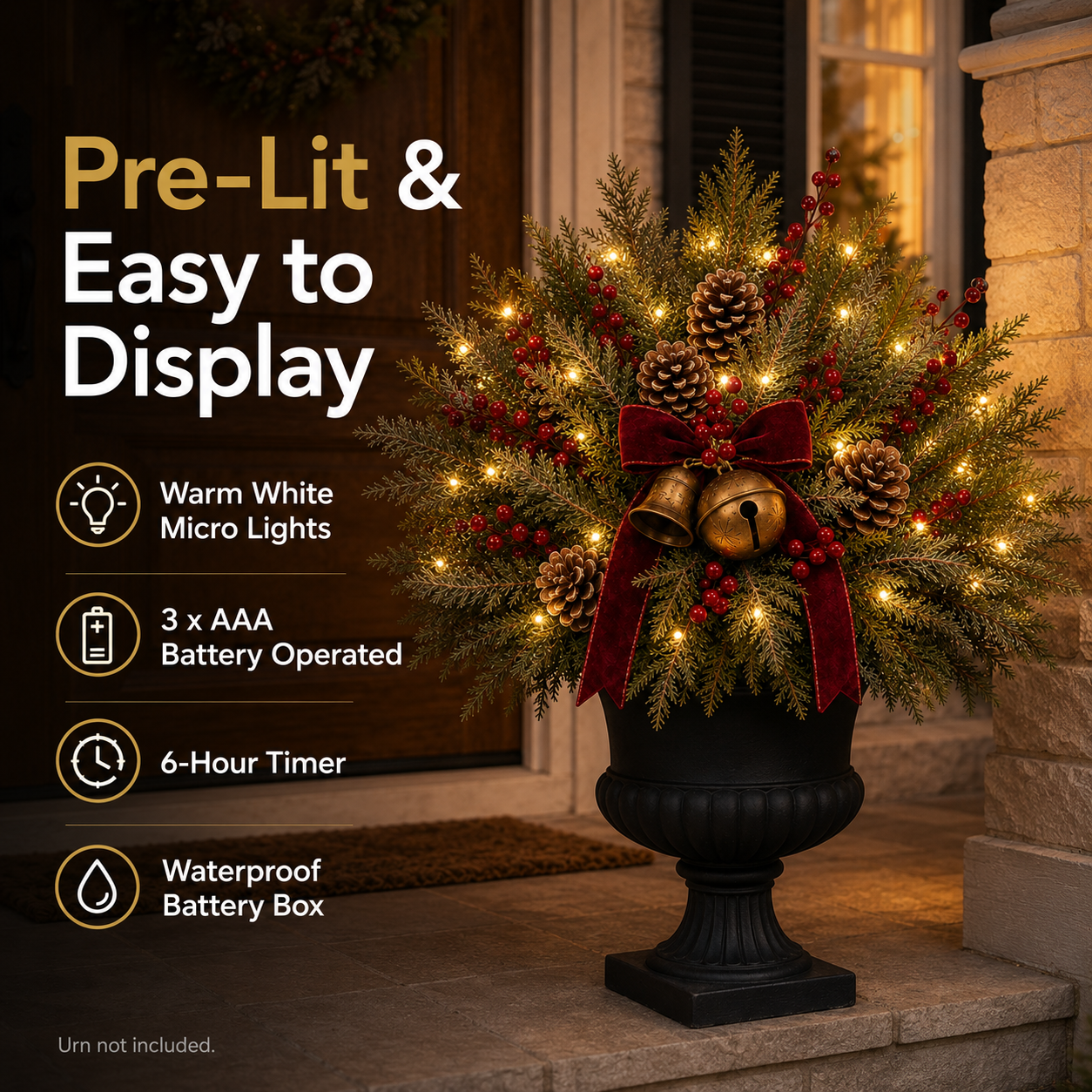 24-Inch Pre-Lit Christmas Urn Filler with Red Berries, Pinecones & Vintage Bells