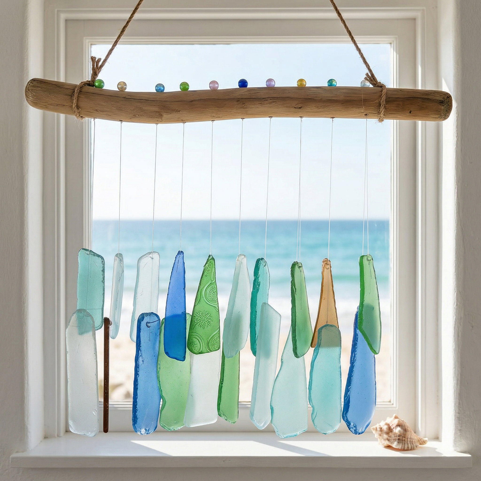 Coastal Sea Glass Driftwood Wind Chime Wall Hanging