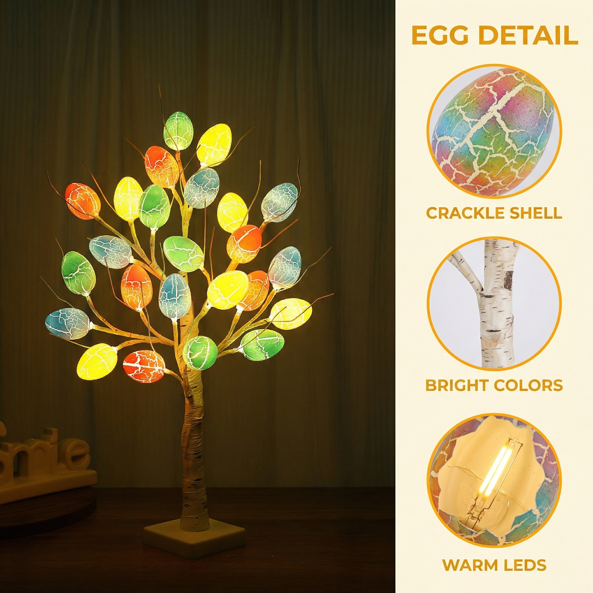 2FT Lighted Birch Egg Tree with 24 Colorful Eggs