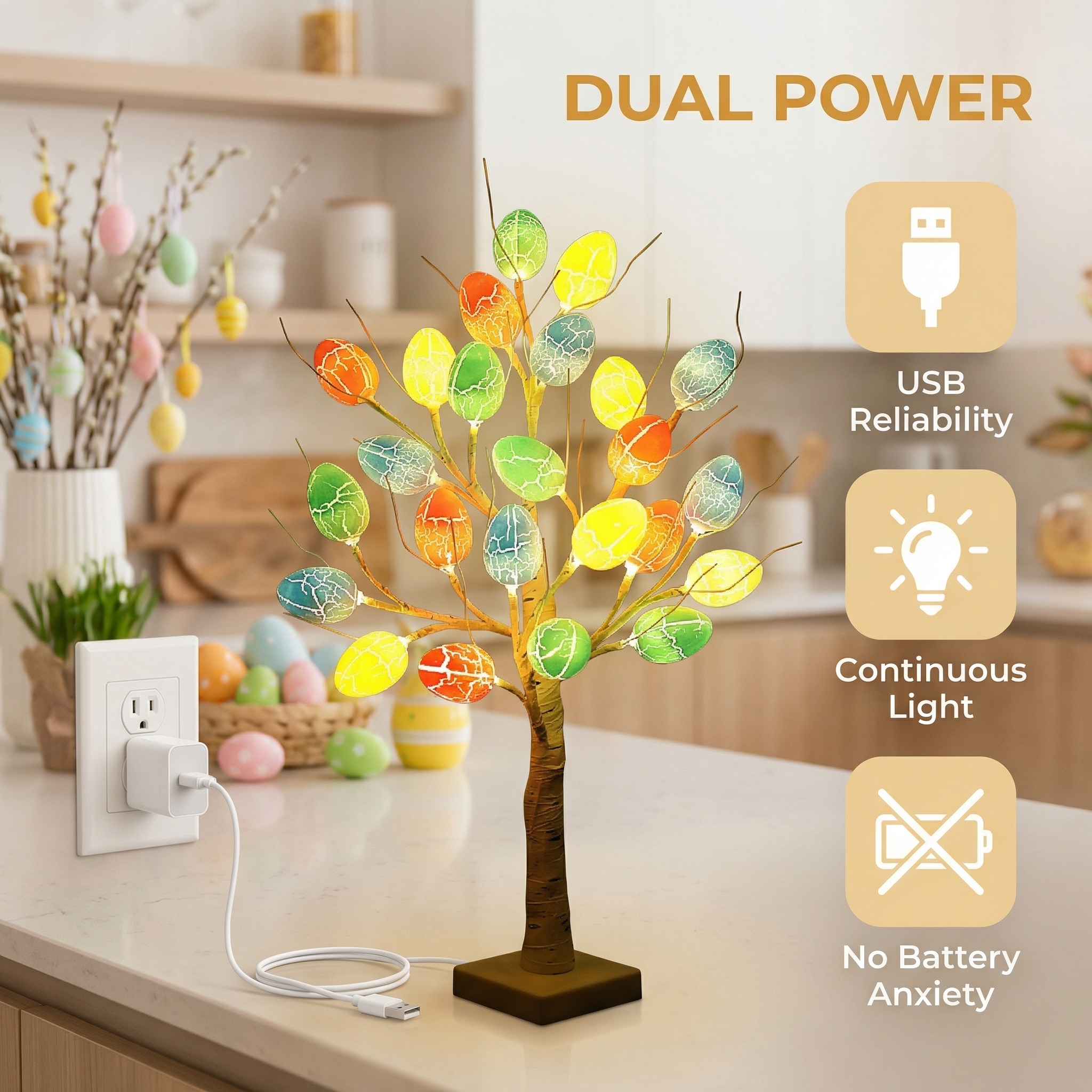2FT Lighted Birch Egg Tree with 24 Colorful Eggs