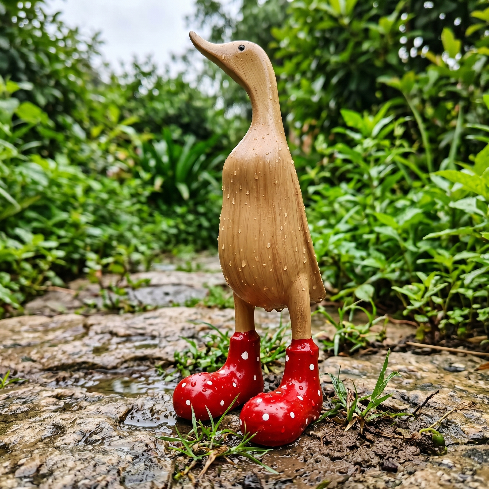 Whimsical Resin Duck Figurine with Polka Dot Rain Boots