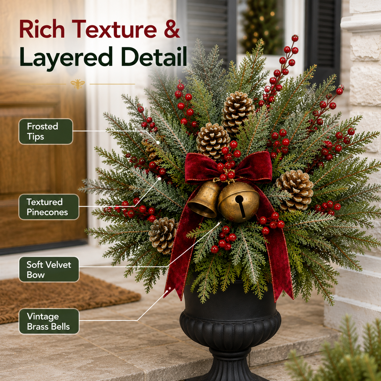 24-Inch Pre-Lit Christmas Urn Filler with Red Berries, Pinecones & Vintage Bells