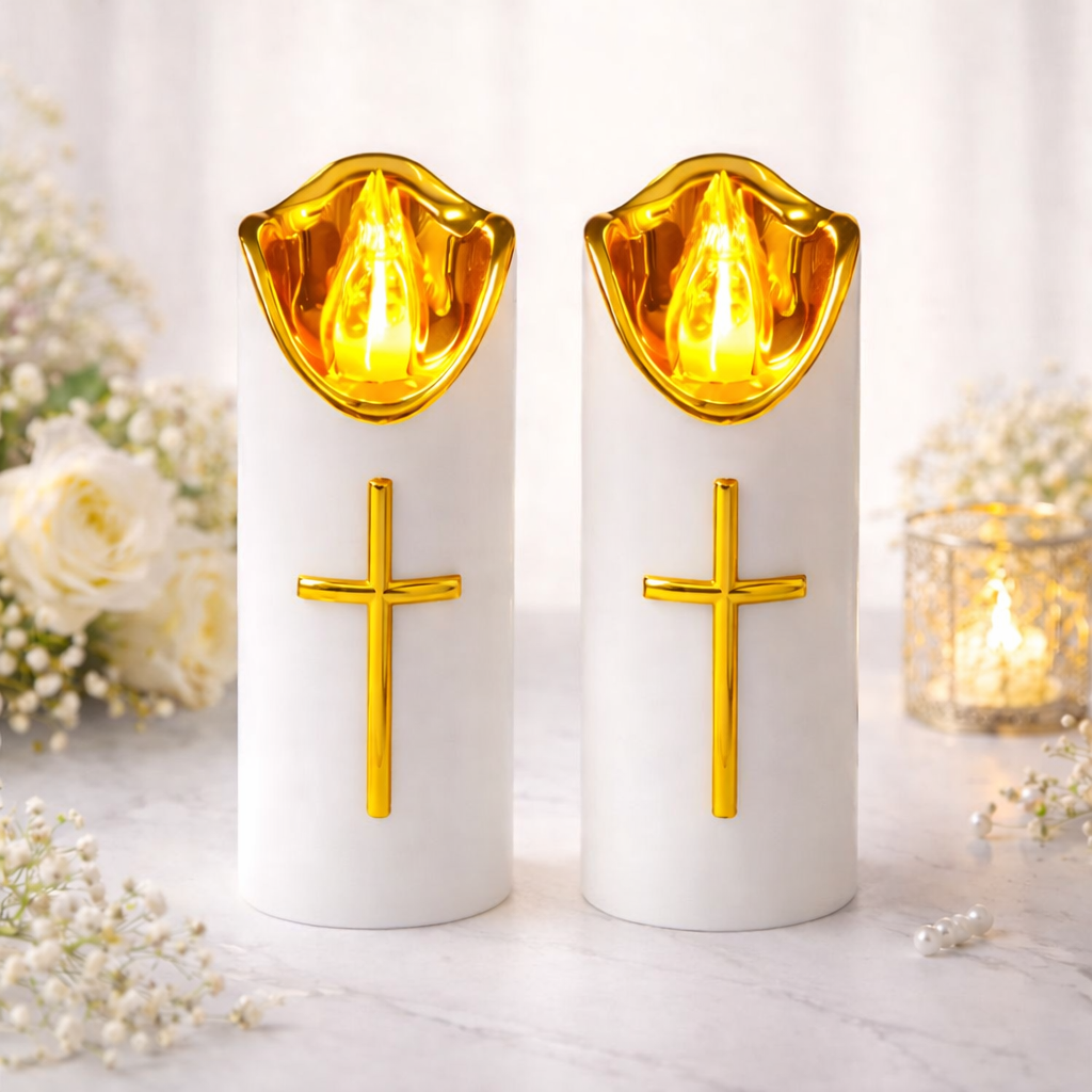 Flameless Pillar LED Candle with Gold Cross