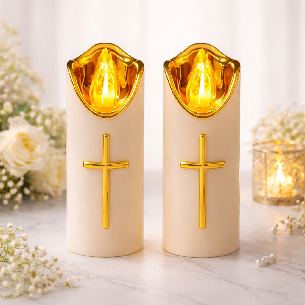 Flameless Pillar LED Candle with Gold Cross