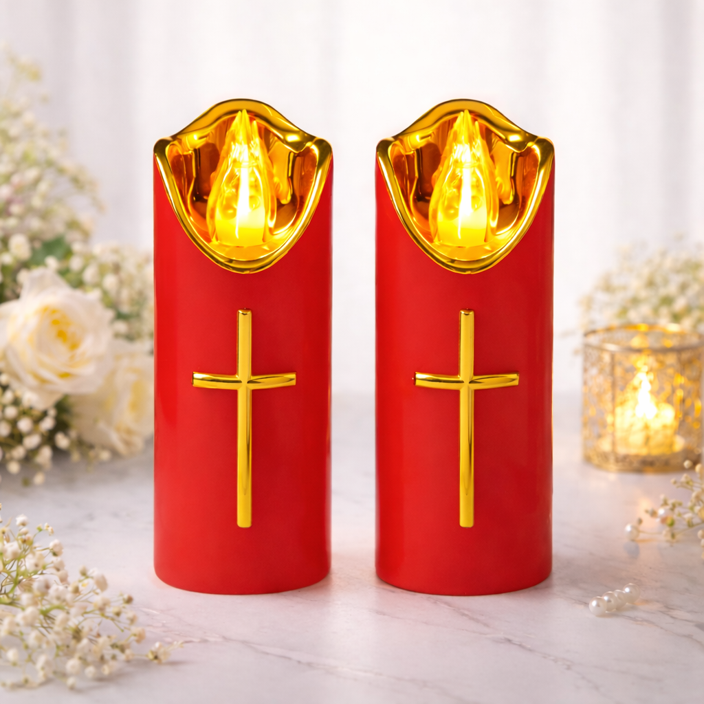 Flameless Pillar LED Candle with Gold Cross